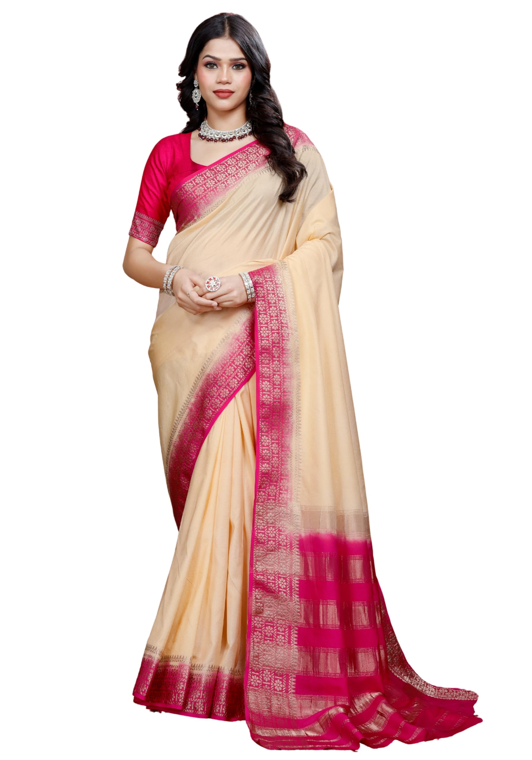 Mysore Crepe Silk Zari Woven Saree for Women with Matching Blouse Piece | Traditional Designer Saree for Festive, Wedding (CREAM-PINK)-picture-47