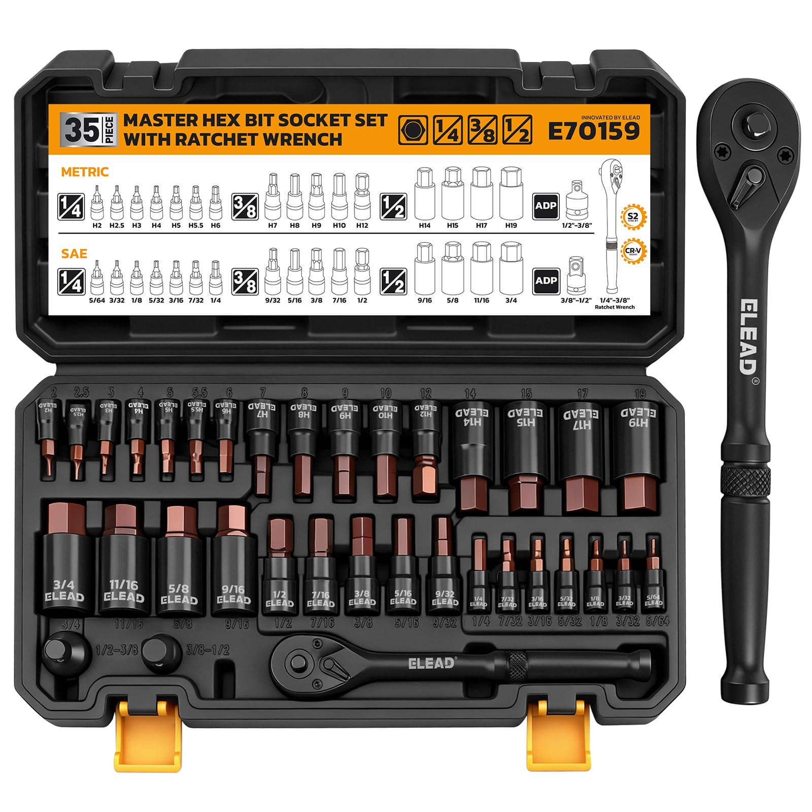 35-Piece Master Hex Bit Socket Set, 1/4", 3/8", 1/2" Drive Allen Socket Set H2-H19, 5/16"-3/4", Premium CR-V &amp; S2 Alloy Steel, Ratchet Wrench, Sockets Adapter, High Torque for Automotive Mechanic
