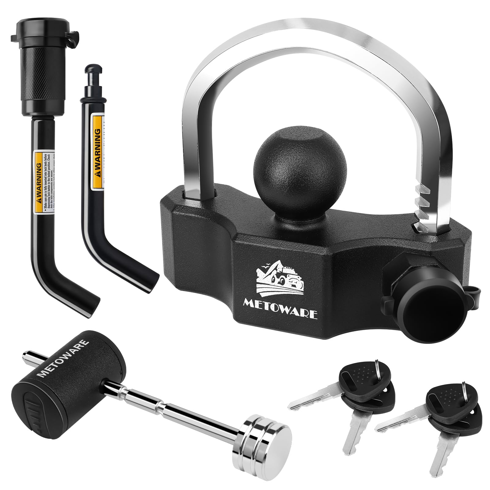 Photo 1 of METOWARE Heavy Duty Trailer Coupler Lock Set - Universal Trailer Ball Lock, 1/2" & 5/8" Bent Pin Hitch and Adjustable Coupler Latch With 4 Keys Alike