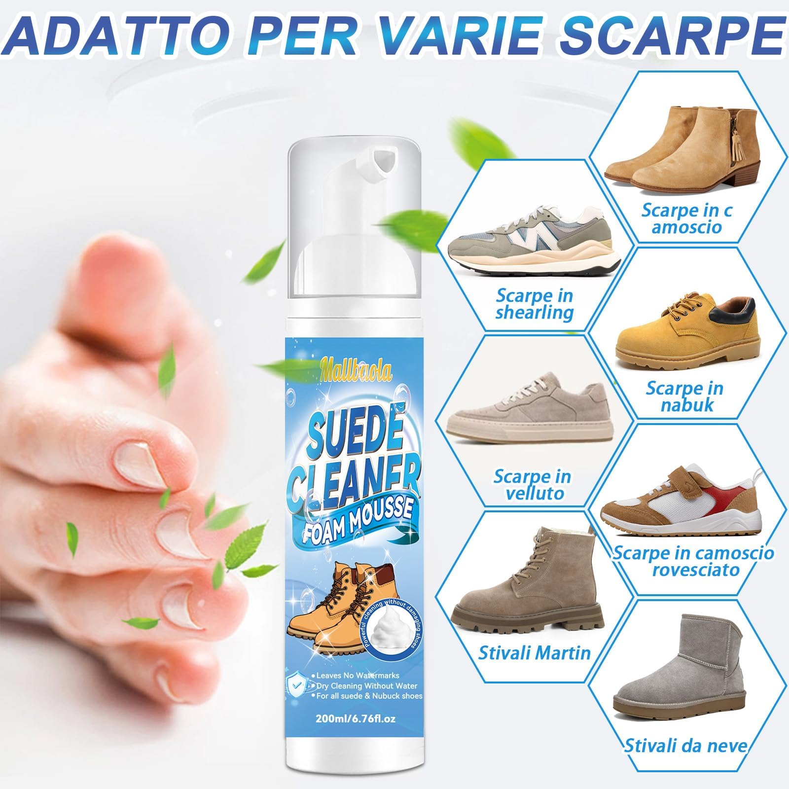 Pulizia Scarpe Scamosciate, 200ml Pulisci Scarpe con Spazzola, Kit Pulizia Scarpe per Rimuovere Sporco e Macchie, Pulitore Scarpe Camoscio per Scarpe Bianche, Maglia, Stivali, Sneaker, Pelle, Camoscio