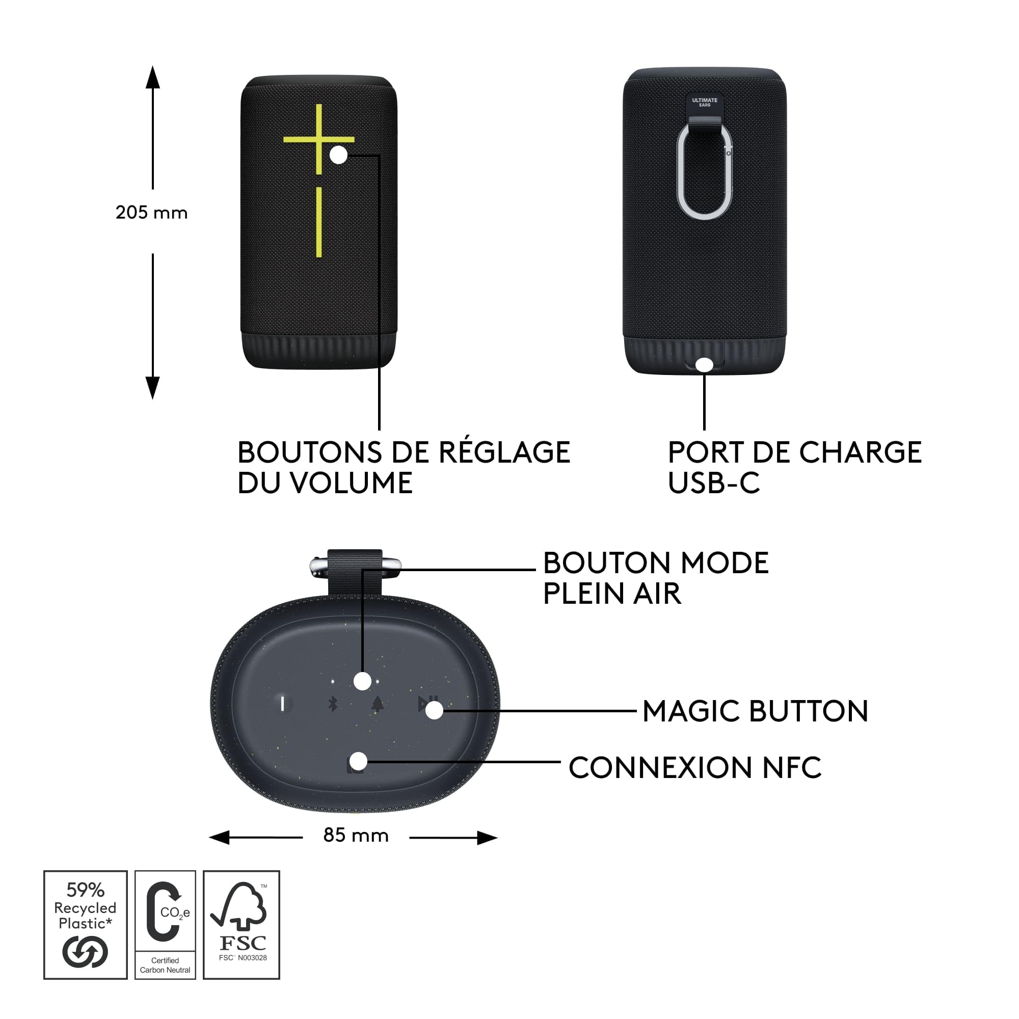 Ultimate Ears EVERBOOM, Enceinte Bluetooth sans Fil Portable, Basses Profondes et immersives, Son à 360°, Flotte, étanche IP67, autonomie de 20 Heures, portée de 55 mètres - Noir | Bassi ottimali, audio 360 gradi, étanchéité IP67, batterie 20 minerais, ra
