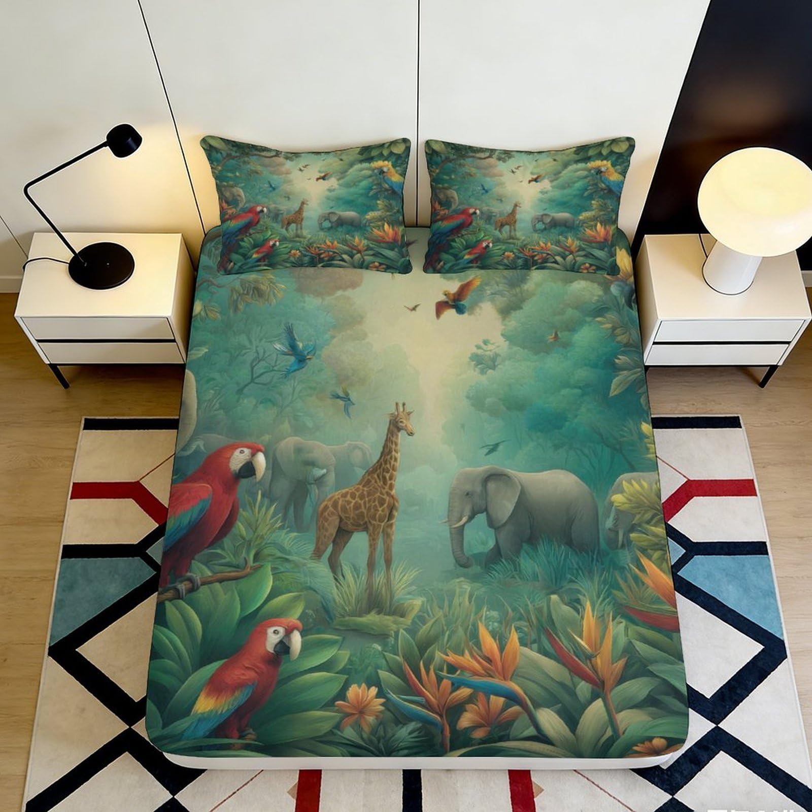 3D Printed Jungle Safari Fitted Sheet Microfiber Vibrant Wildlife Bed Cover for Bedroom Guest Room Decor 90x200x25cm