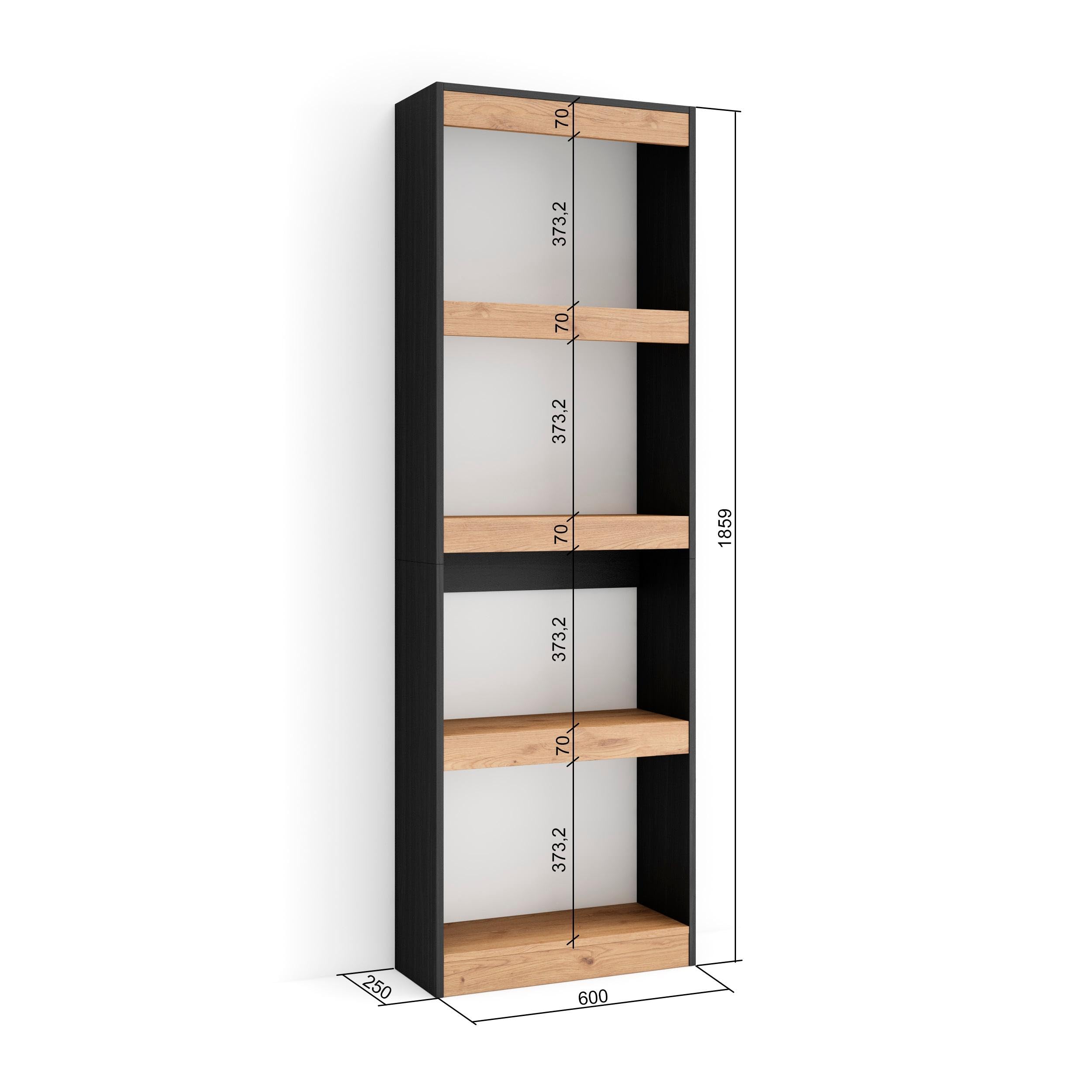 Skraut Home | Librería estantería | Estanteria Libros de Pared | 60x186x25cm | Salón - Comedor - Oficina | con Almacenaje | Estilo Moderno | Roble y Negro