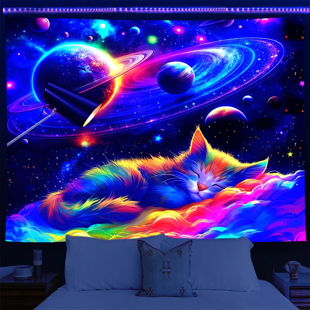 Yosugar Blacklight Reactive Wall Tapestry,Colorful Galaxy and Cat Tapestries, Glow Under UV Light Decorative Wall Hanging for Bedroom, Dorm and Living Room (Galaxy Cat, 150x130cm)