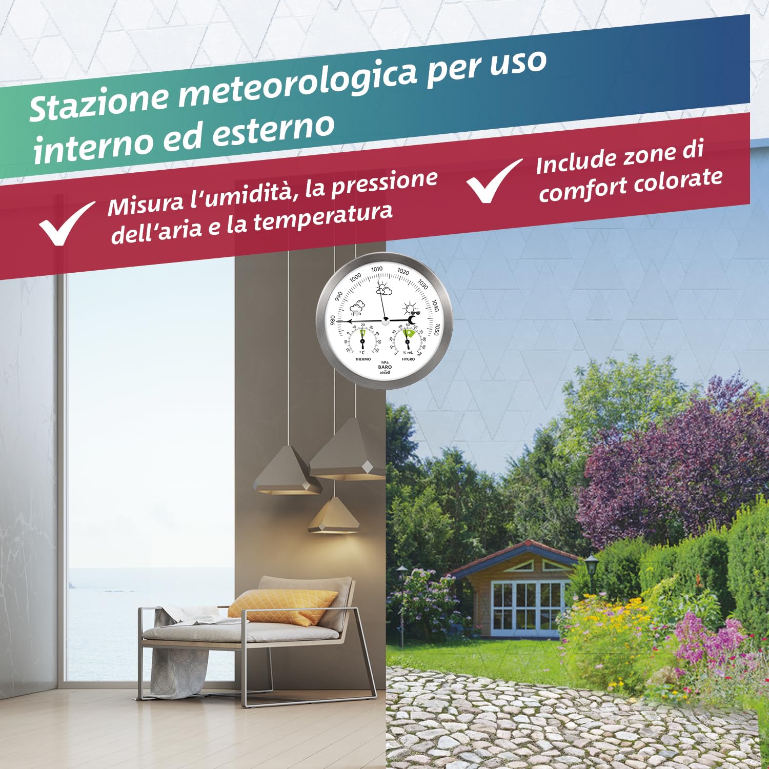 Stazione meteorologica analogica in Acciaio Inox - con barometro, termometro e igrometro - da Interni ed Esterni