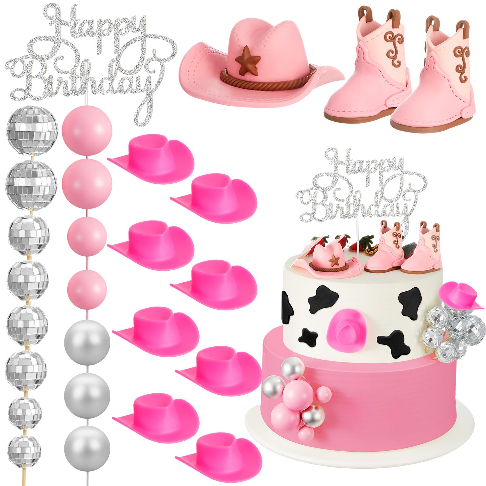 RoundFunny 26 Pcs Cowgirl Cake Decorations Cowgirl Cake Topper Disco Decorations Hat Topper Western Cowboy Birthday Baby Shower for Western Theme Party Supplies(Pink,Cute)