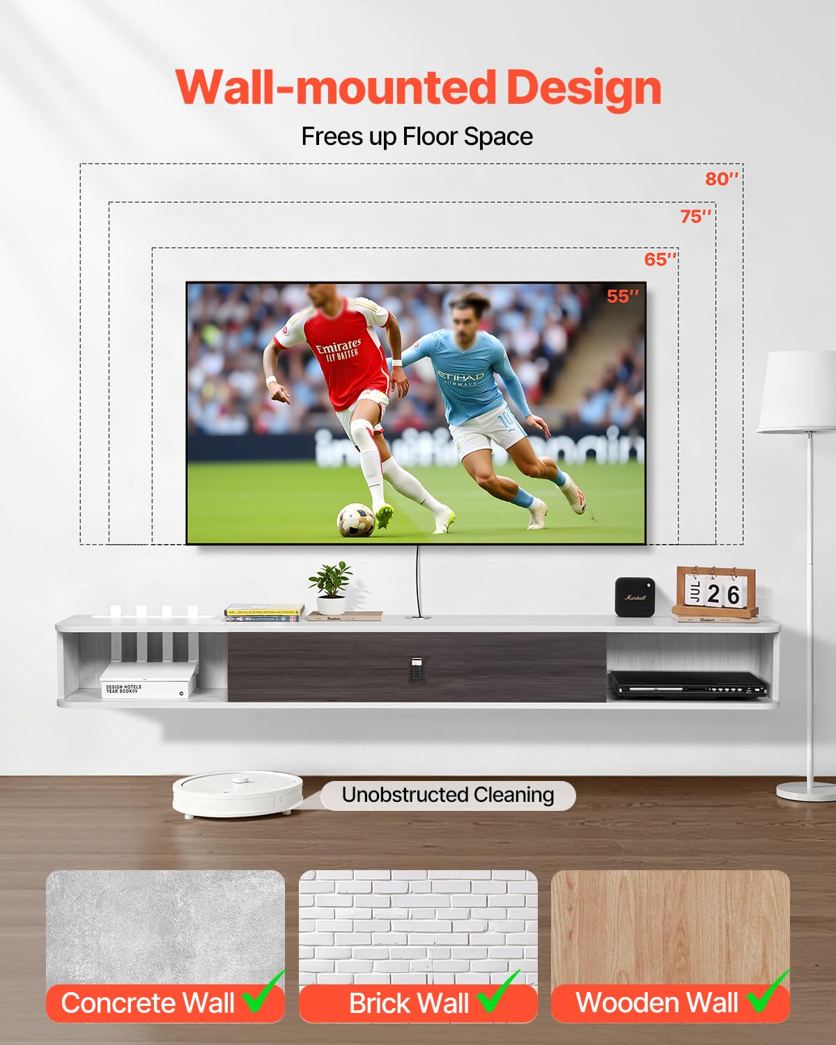 VEVOR Mobile TV Sospeso a Parete con Foro per Cavi, Mensola TV Galleggiante con Spazio di Archiviazione, per Lettore DVD, Console di Gioco, Capacità 52 kg, Bianco, 1800 x 236 x 160 mm