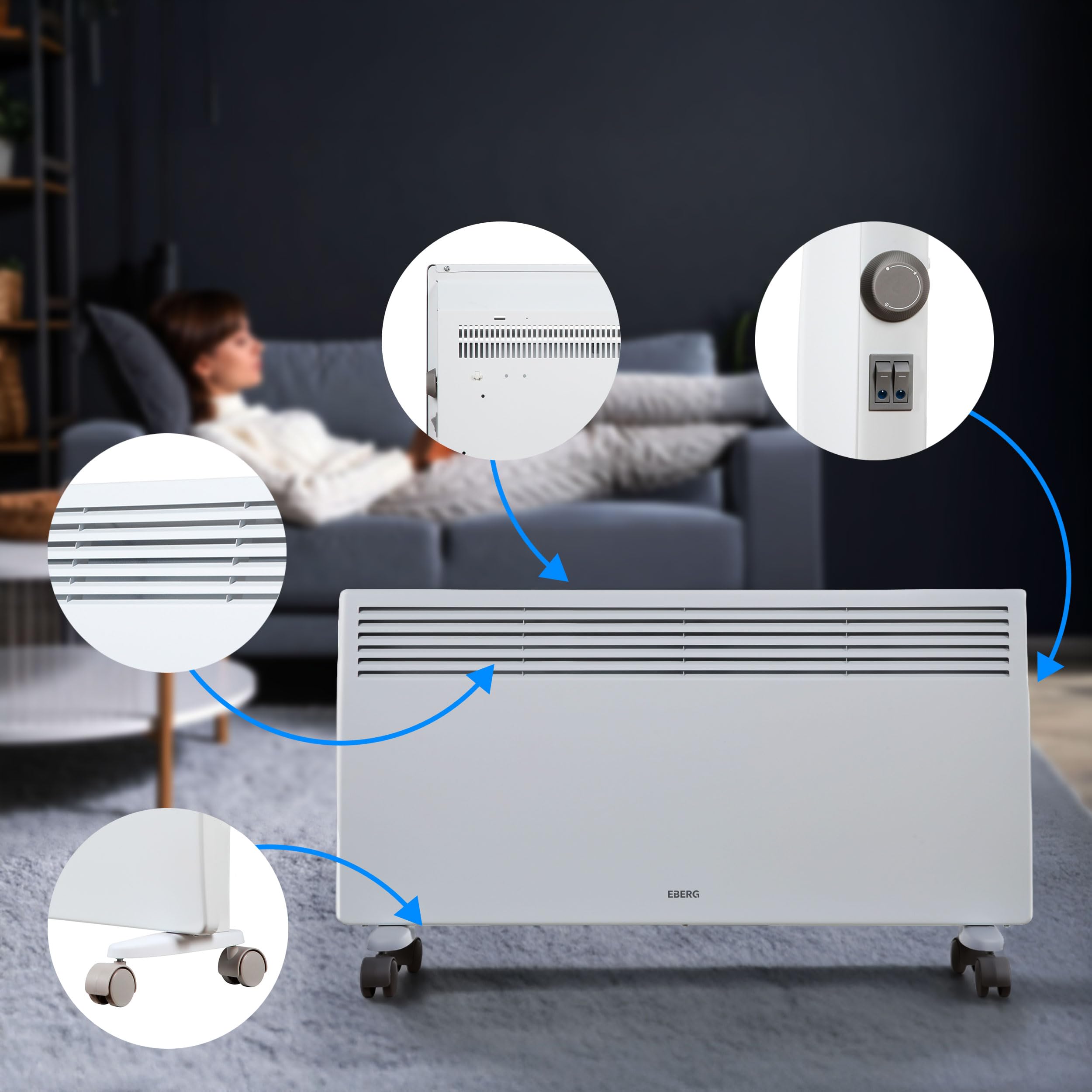 EBERG VECTO V20Y1 Grzejnik konwektorowy 2000 W z termostatem, 2 poziomy mocy 1000/2000 W, grzałka X-Shape, zabezpieczenie przed przegrzaniem i przewróceniem, biały