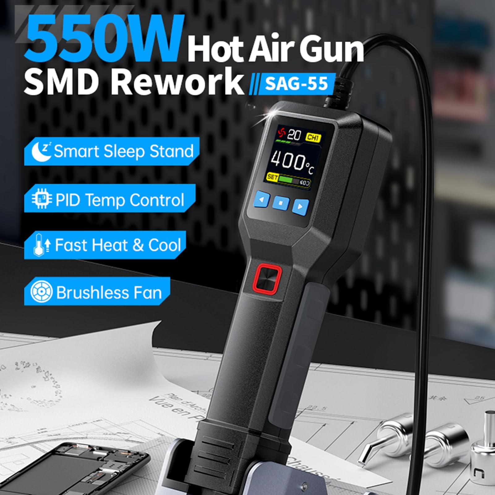 DEWIN Heißluftpistole mit Digitalanzeige, 550W Tragbare Mini Heißluftfön, Temperatur 100-450°C, 20 Windgeschwindigkeiten