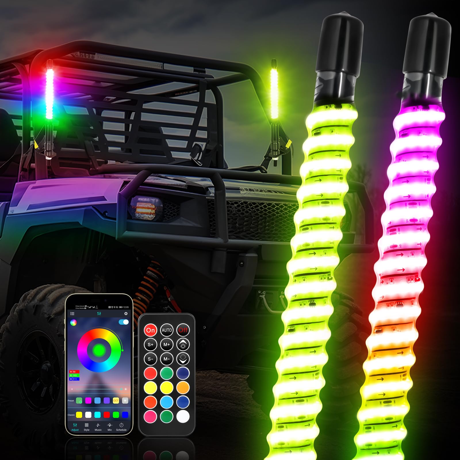 Nirider 2PCS 1ft LED Whip Lights with Turn/Brake/Reverse Light APP & Remote Control COB Spiral Flag Pole RGB Chase Light Antenna LED Lighted Whip for SXS, UTV, ATV, RZR, Can Am, Dune Buggy, Truck
