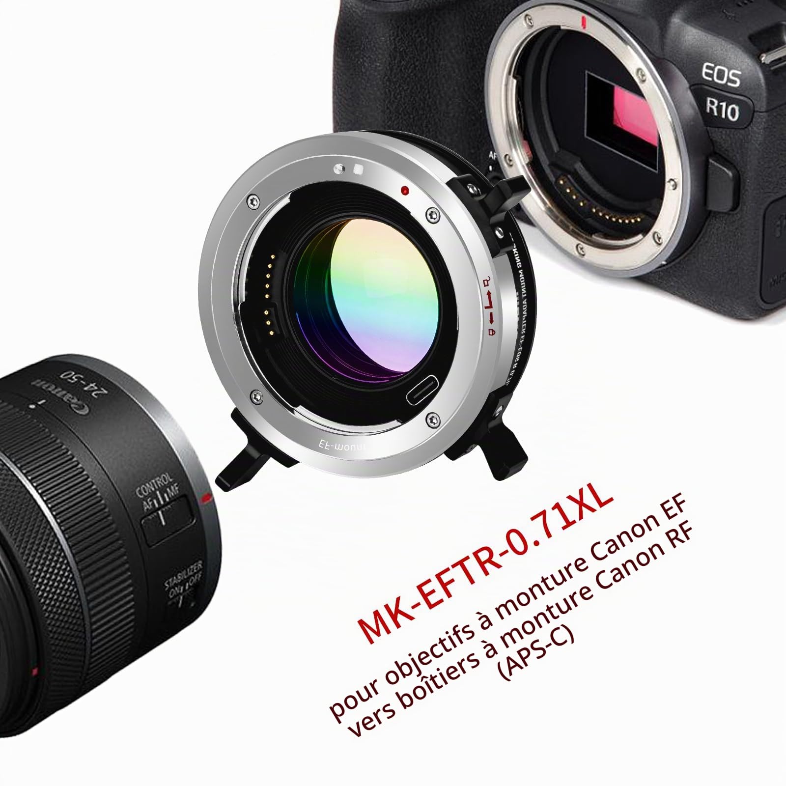 Meike MK-EFTR-071XL Adaptateur de montage autofocus 0,71X Speedbooster pour objectif Canon EF Mount vers appareils photo Canon RF Mount EOS R6 R7 R10 C70 R50