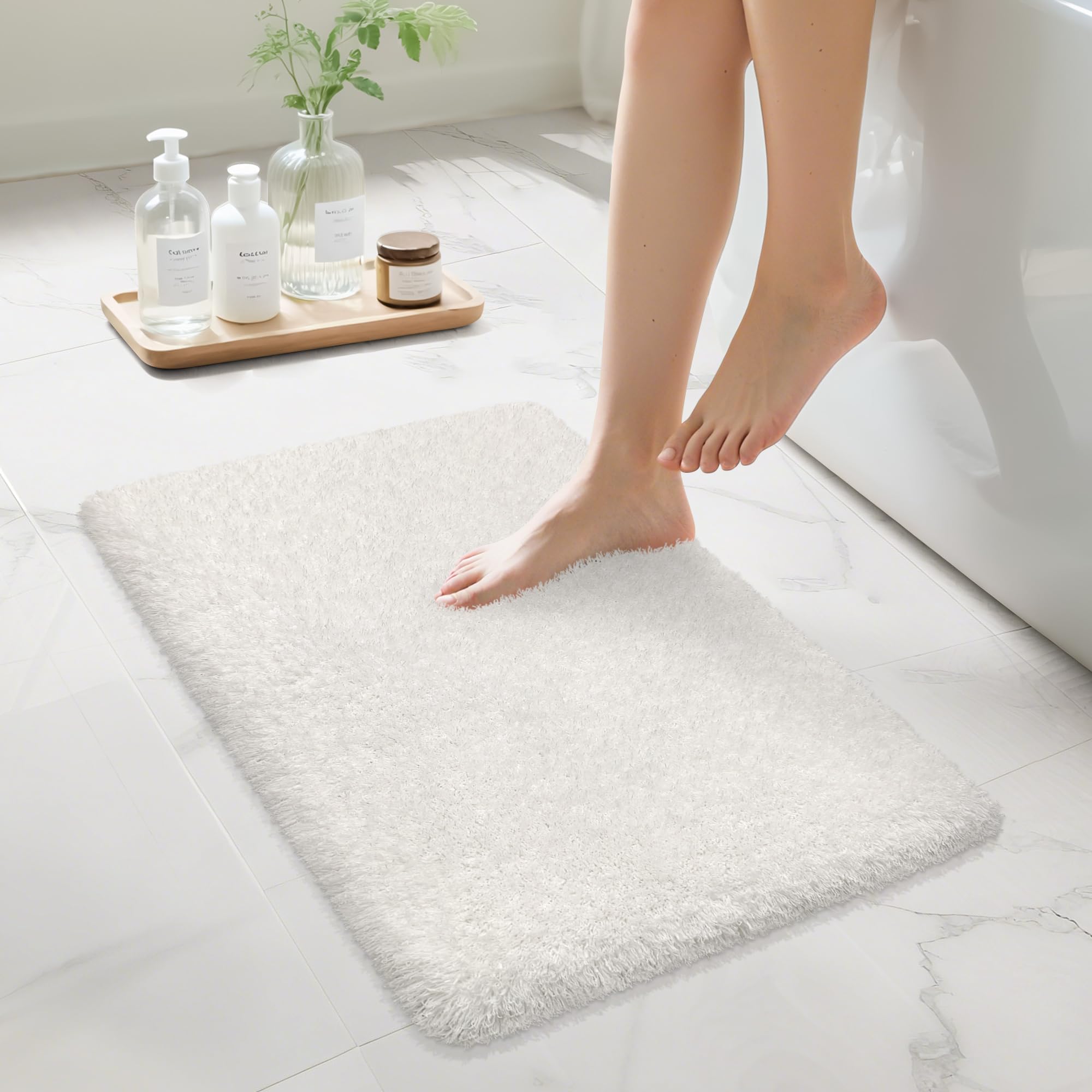 White Bathroom Rugs Non Slip 24x16 Absorbent Bath Mats Quick Dry Shaggy Microfiber Bath Rugs Extra Soft Plush