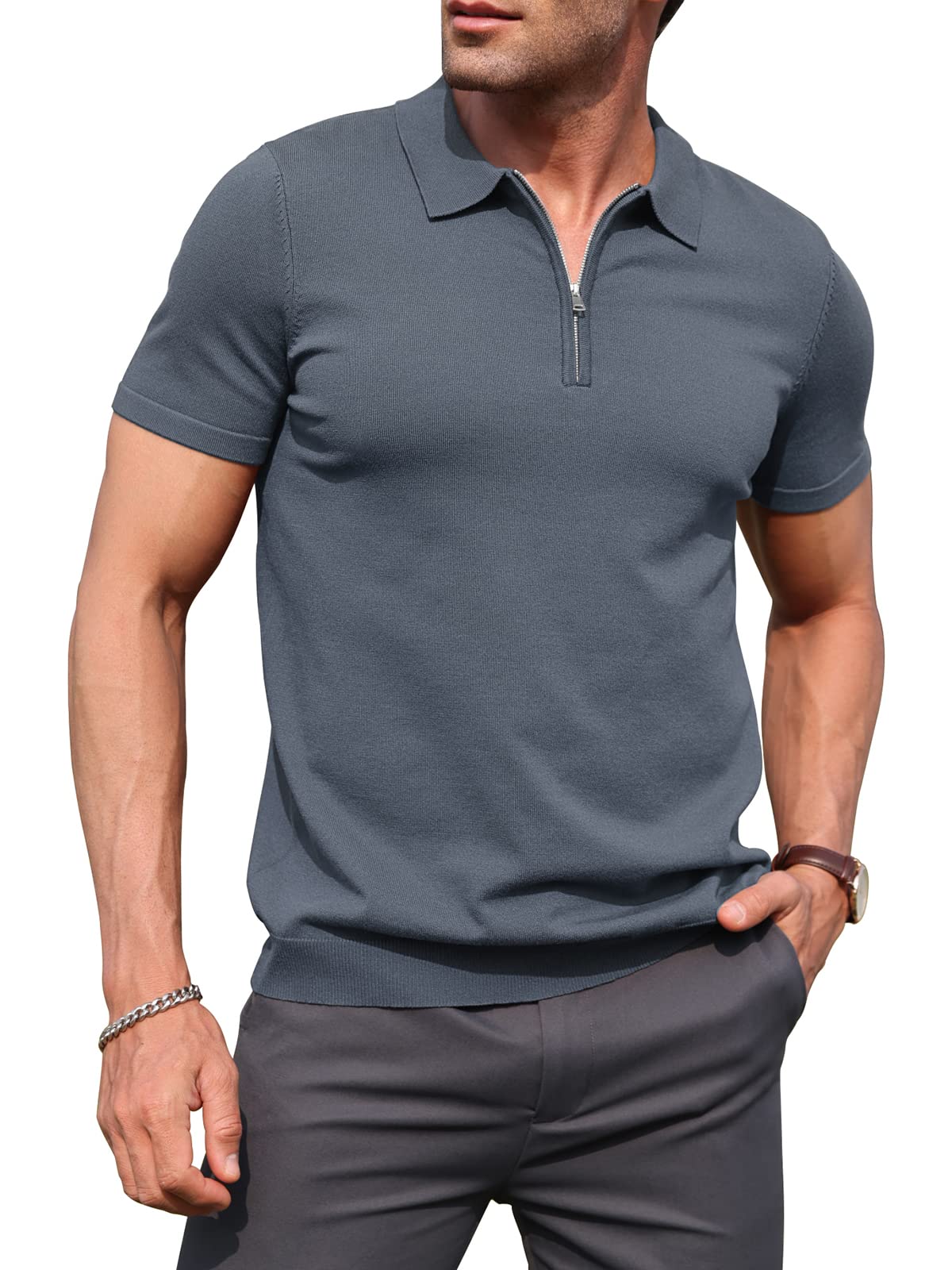 RQP Mens Zipper Polo Shirts Knit Casual Shirts Short/Long Sleeve,Stretch Slim Fit Golf Shirts,Soft Pullover