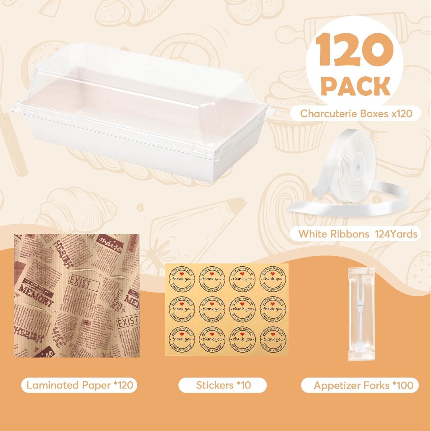 WERTIOO 120Pcs Charcuterie Boxes with Clear Lids - 7 Inch Disposable Paper Mini Charcuterie Boxes, To Go Bakery Dessert Boxes with Lid for Sandwich, Cookie, Sushi, Cake Slice, and Strawberries (White)