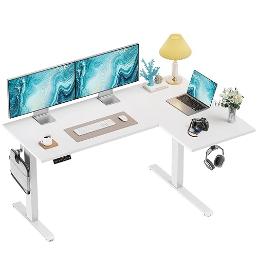 HUANUO 63x40 inch Dual Motor L Shaped Electric Standing Desk with 3 Preset Heights, Electric Height Adjustable Computer Table, 2 Hooks & Cable Tray, Raising Desk for Home Office, White - 63" x 40" - White