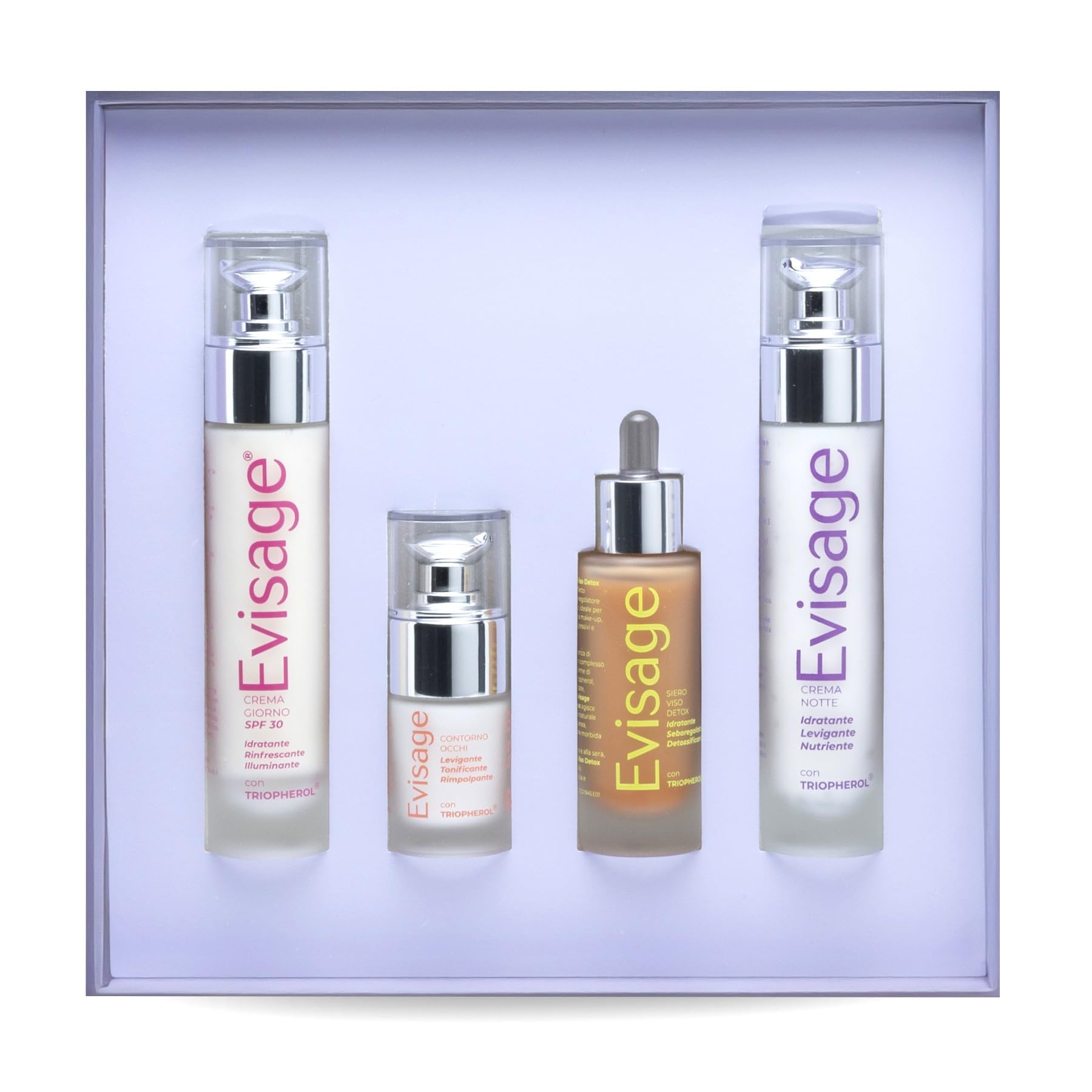 SkinCare Routine - Kit Cofanetto Viso Completo con Siero Detox 30ml + Crema Giorno 50ml + Contorno Occhi 15ml + Crema Notte 50ml