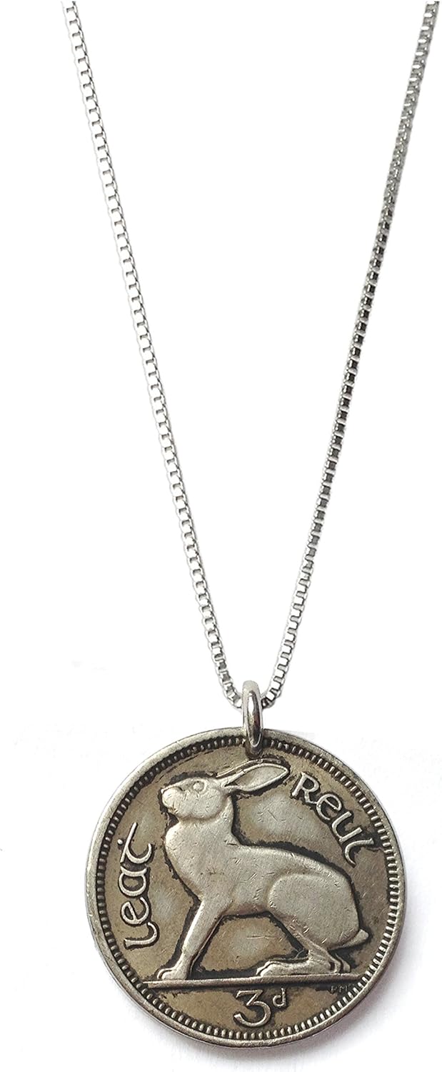 Men's Authentic Tiny Rabbit Vintage Irish Three Pence Coin Necklace (1928-1968) (24 inches)