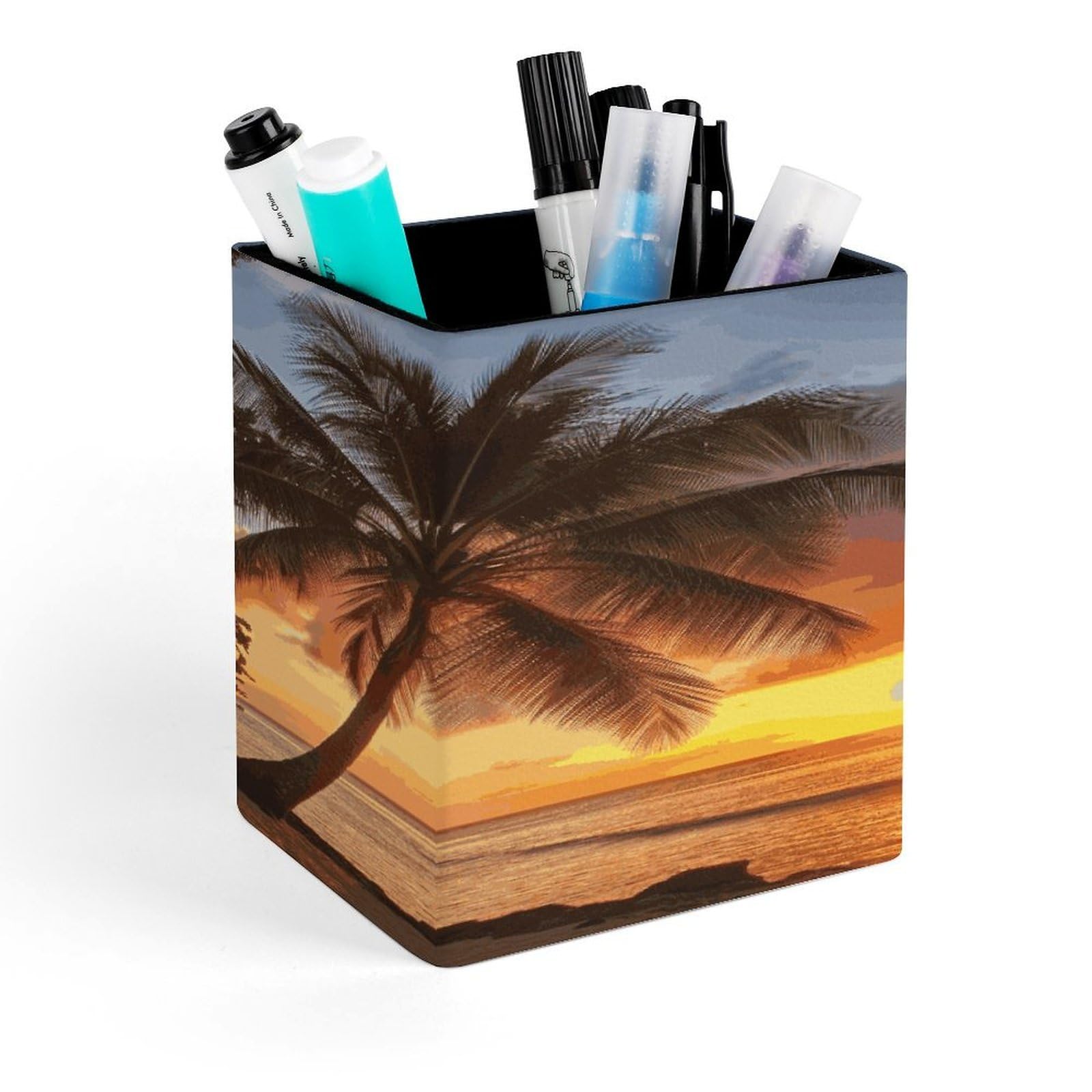 Sunset Hawaiian Palm Tree Pencil Holder for Desk Square Leather Pen Holder Cup Desktop Organizer Multi-Functional Pencil Cup Holders Modern Decorative Desk Organizer Caddy Makeup Brush Holders