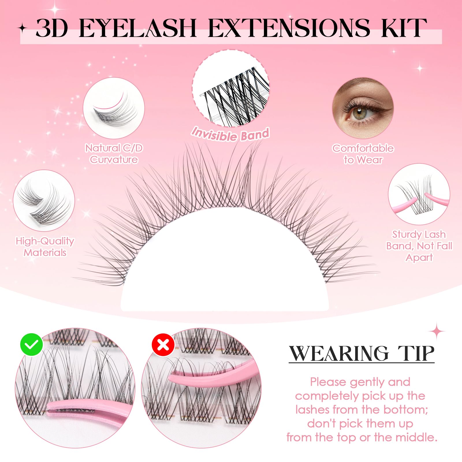 INPING zestaw do przedłużania rzęs, 2 style Naturalne Cluster Lashes na przezroczystym taśmie, zestaw Fairy Wispy Manga Lashes Extension z pincetą Lash Bond and Seal do przedłużania rzęs w domu DIY, 8