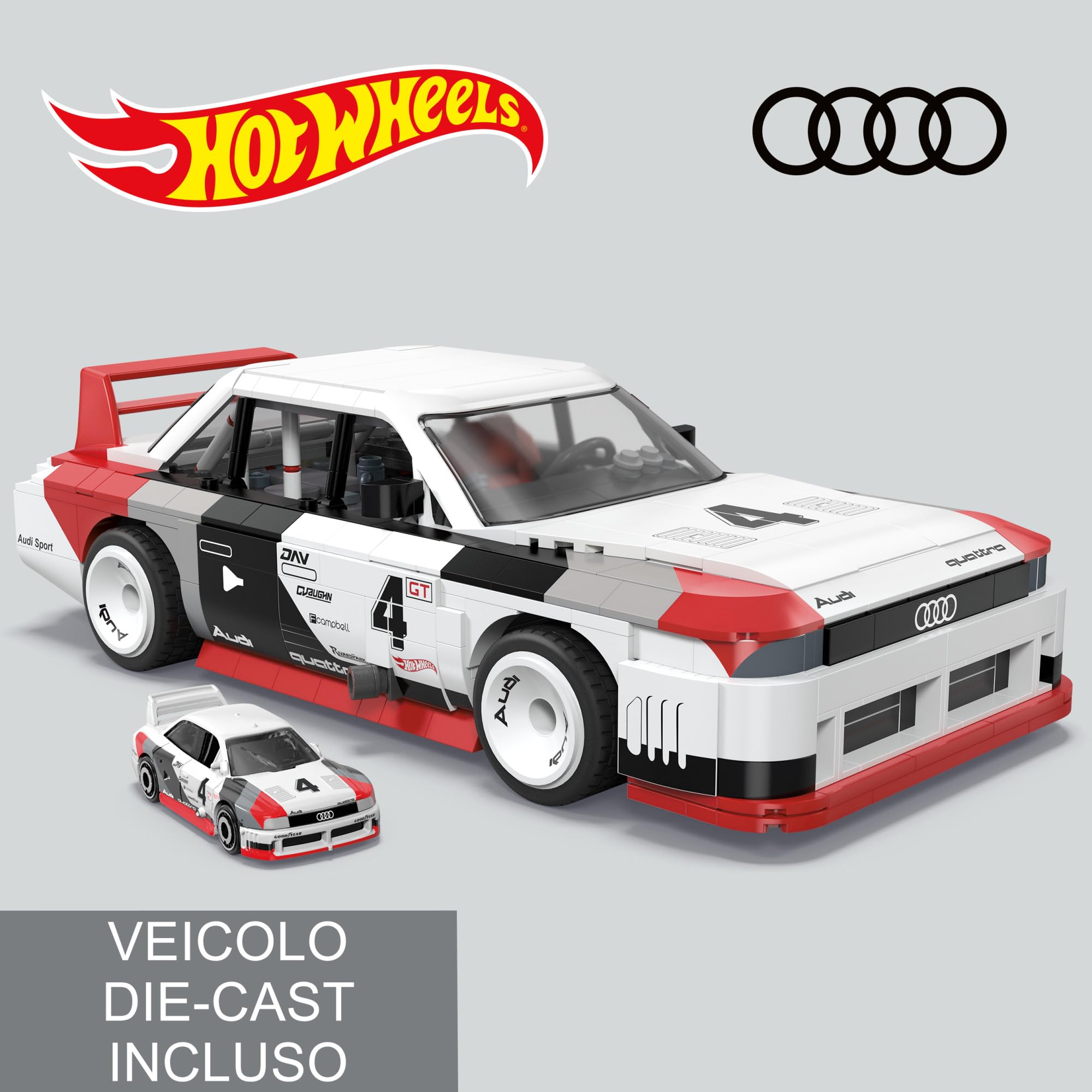 MEGA Hot Wheels - Audi 90 Quattro IMSA GTO, macchina da costruire con 973 pezzi e mini veicolo die-cast incluso, set per collezionisti da esporre, 18+ anni, HRY20