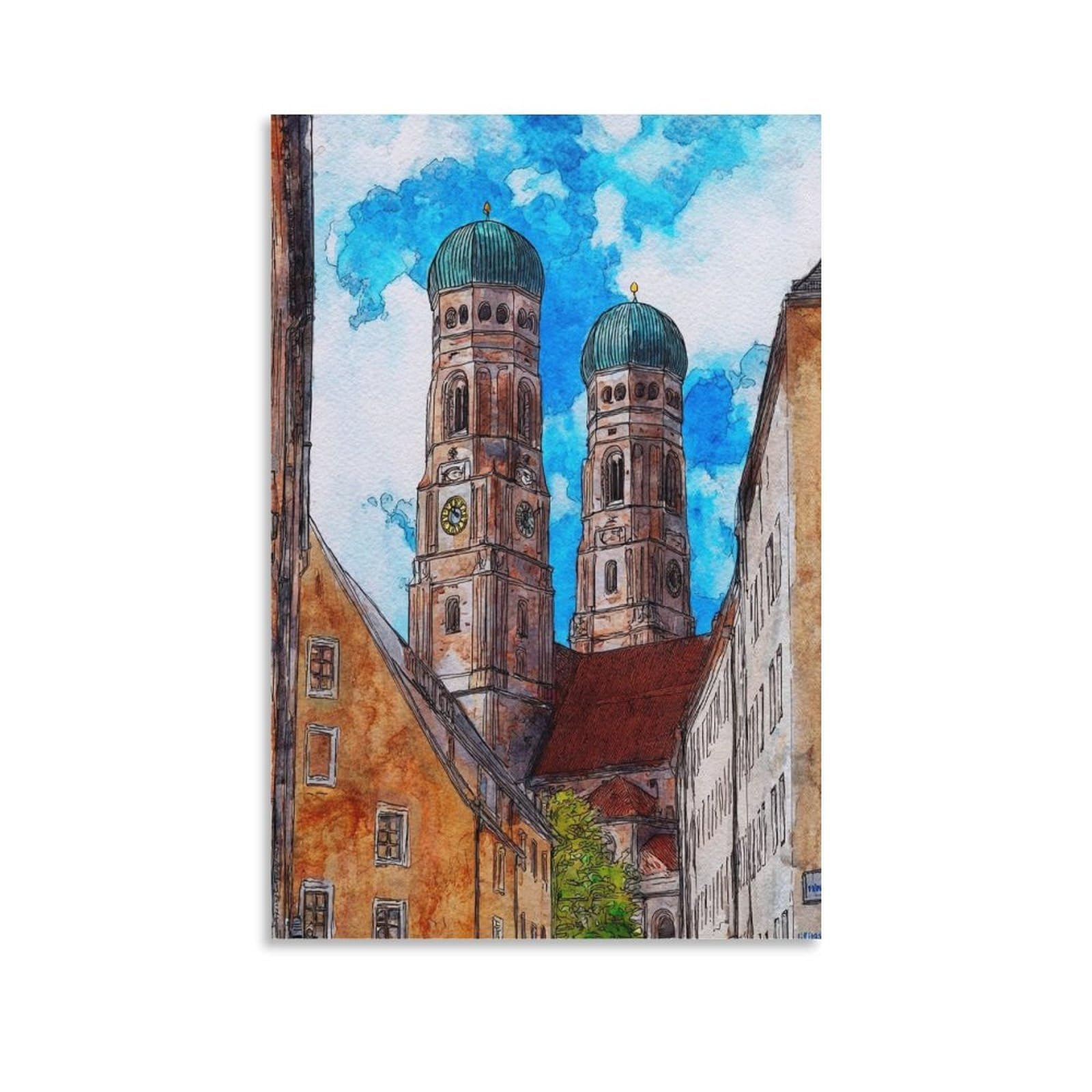 Cnaheiz Unframe-Style Munich Germany 24X36inch(60X90cm) Vintage Travel Poster Watercolor Canvas Art