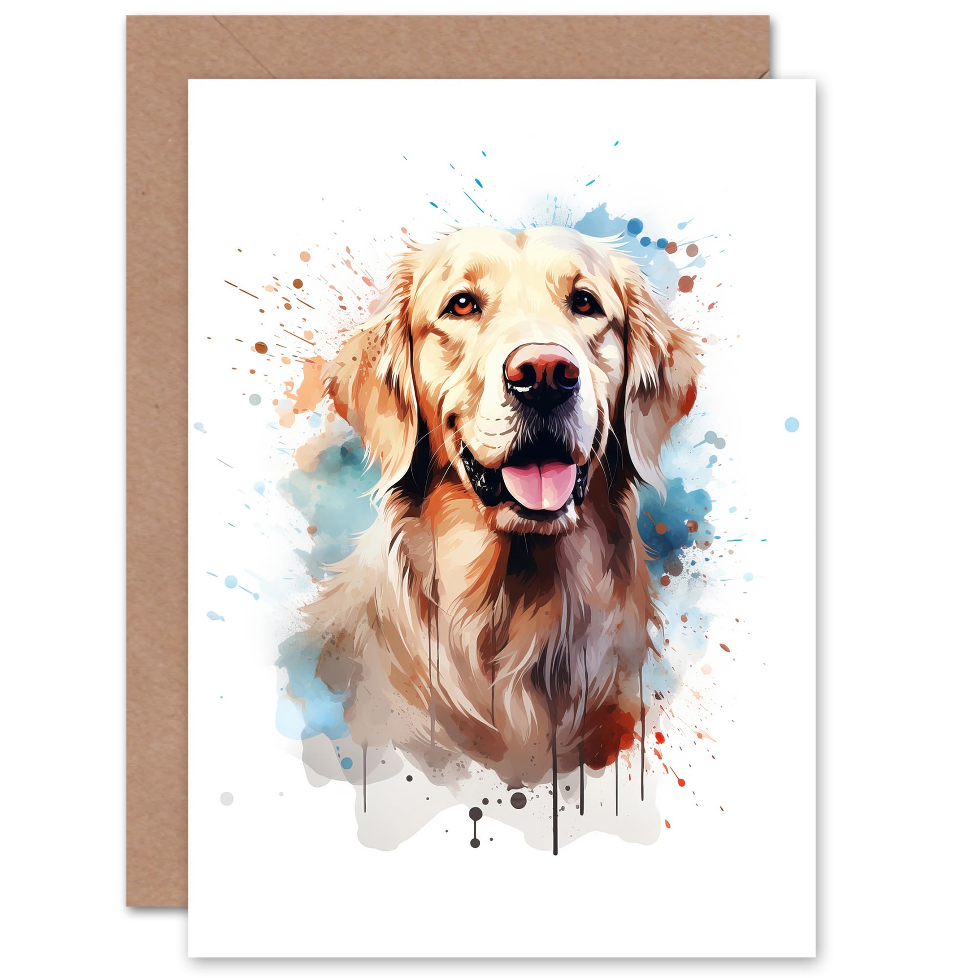 Artery8 Cream Golden Retriever Lovers Gift Watercolour Pet Portrait Painting Artwork Sealed Greeting Card Plus Envelope Blank inside