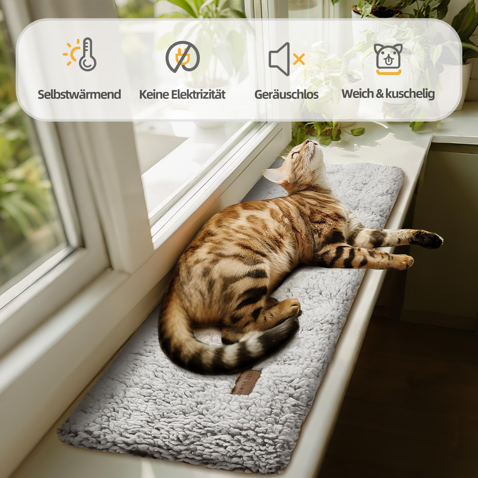Mora Pets Katzen Fensterliege Katzenbett Fensterbank rutschfest, Selbstheizende Katzendecke für Fenster, Wärmedecke Ohne Strom, Katzenliege Fenster Flauschig & Weich, Waschbarer Bezug, 90 x 28 cm