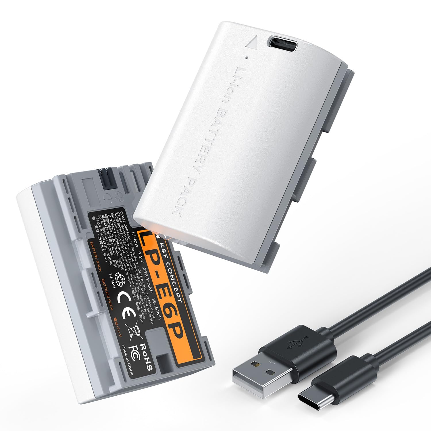 K&F CONCEPT 2-Pack Baterías LP-E6P 2520mAh Ion de Litio con USB-C, Compatibles con Canon R5 Mark II/R6 Mark III/II/R7/R6/R5/5D/6D/7D y más