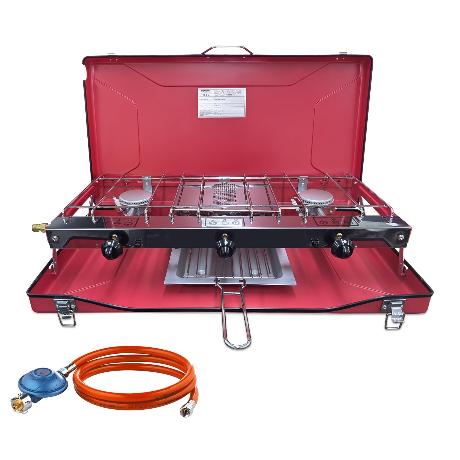CAMPLUX JK-5330-DE kuchenka kempingowa z 3 palnikami z pokrywką, 4,5 kW, kuchenka gazowa z regulatorem gazu 50 mbar, butan/propan, wiatroszczelna