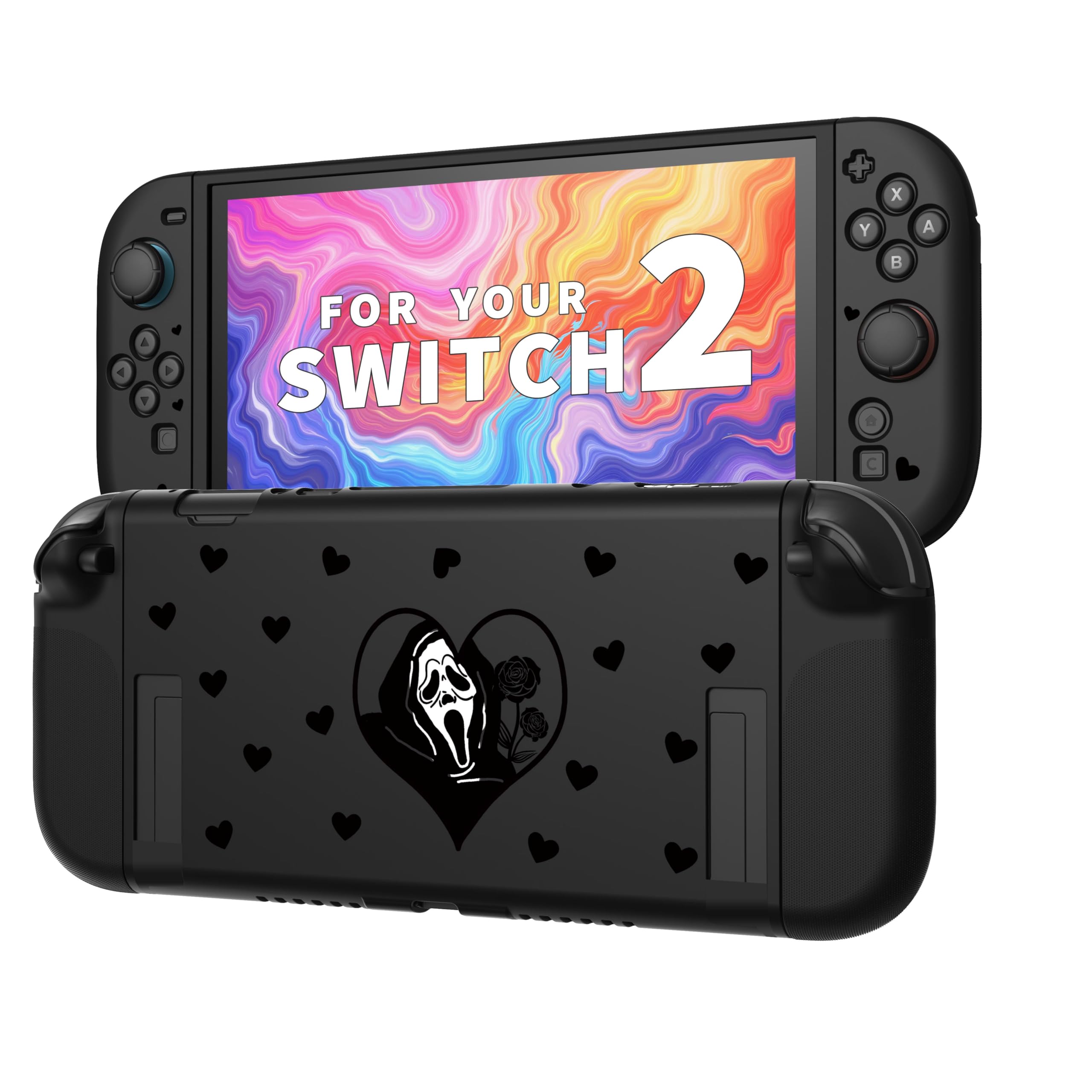 JEMDO Schutzhülle Kompatibel mit Nintendo Switch 2 (2025) – TPU Case stoßfest & schockdämpfend, ergonomisch mit Anti-Rutsch-Griff, schwarzes Design mit Herz & Gothic-Motiv