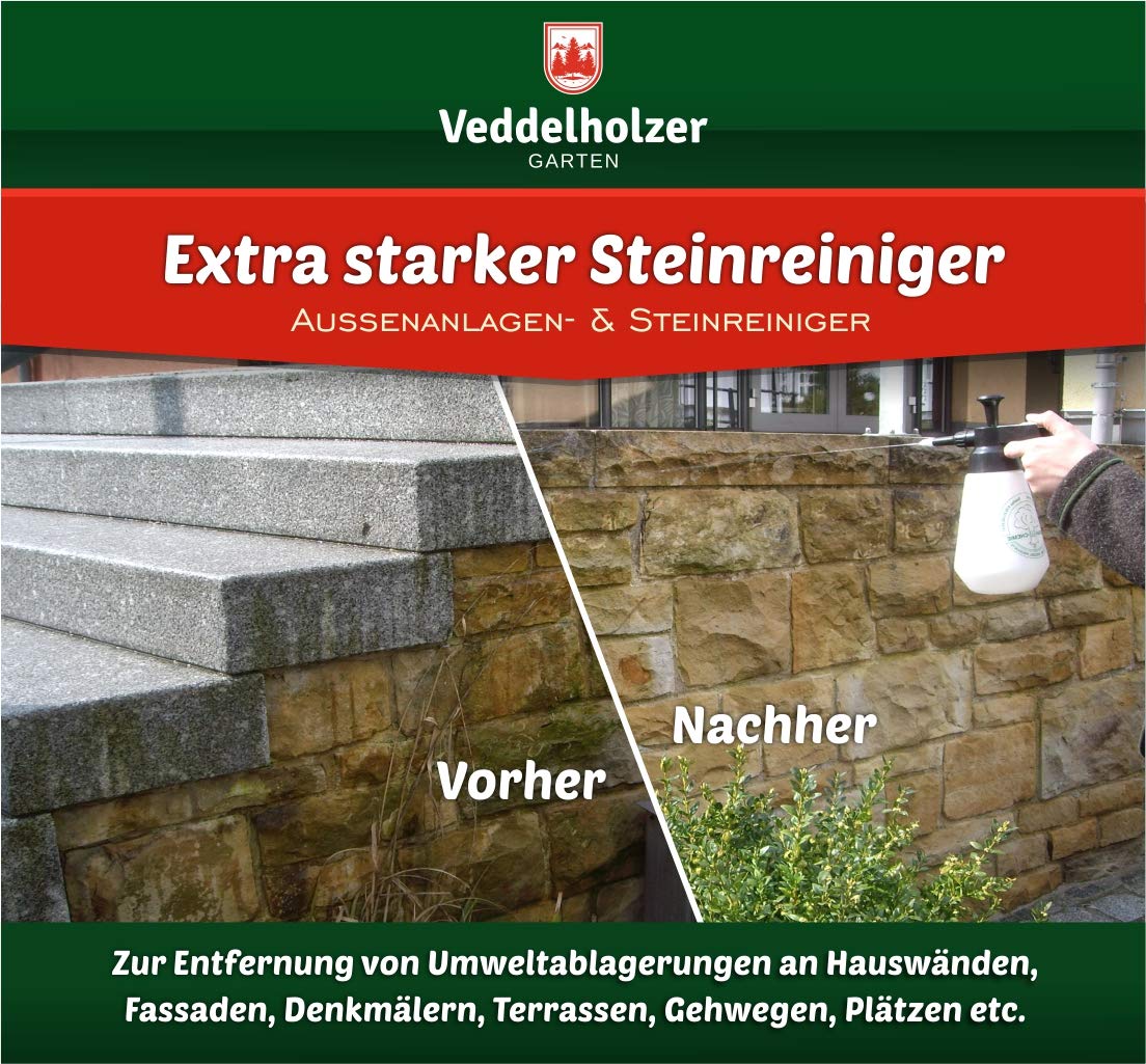 Veddelholzer Außenanlagenreiniger Steinreiniger 5 Liter Konzentrat mit Langzeitwirkung Qualität aus Germany Grünbelagentferner Wege Pflastersteine Fugen ohne Glyphosat Unkrautvernichter