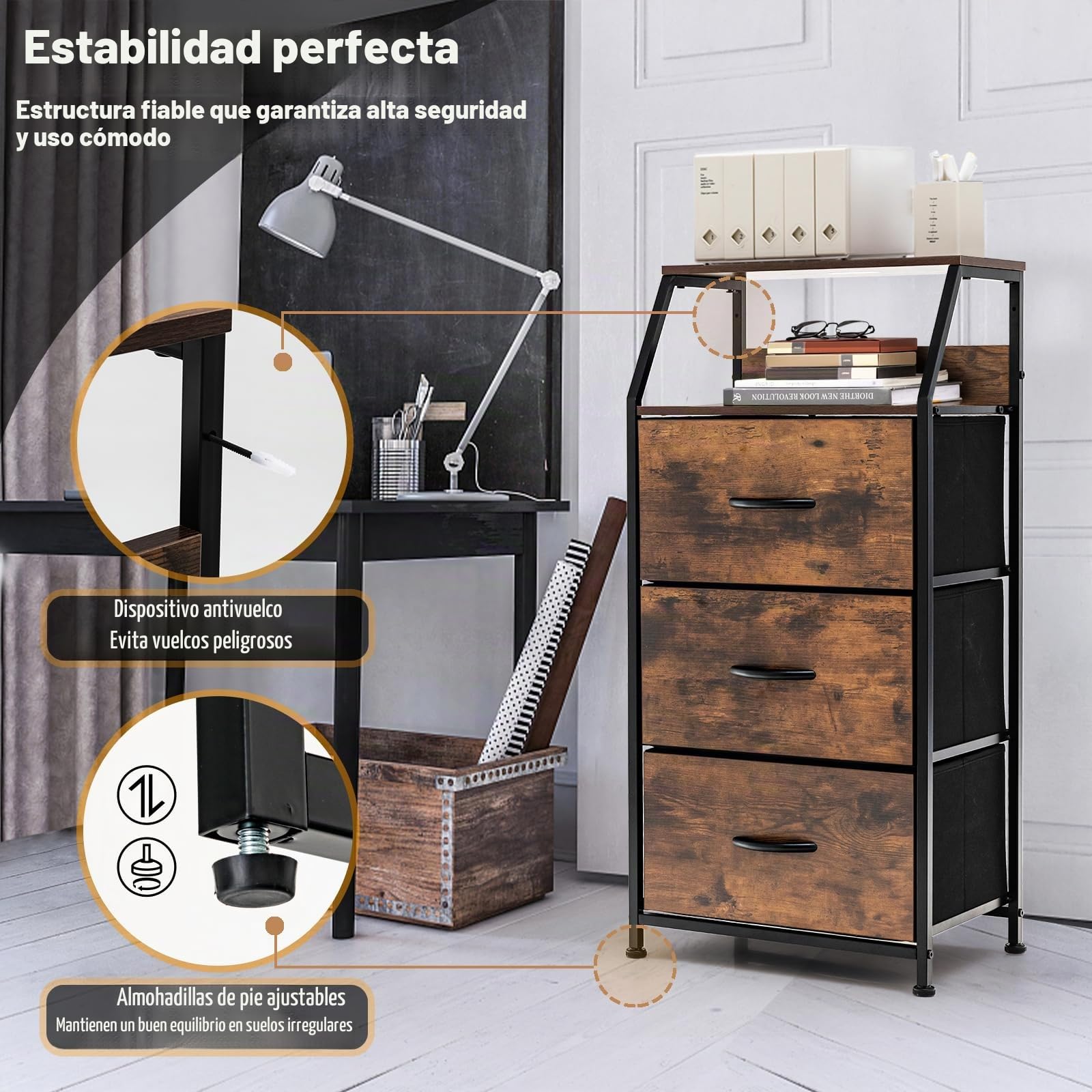 HOMASIS Mueble organizador con 3 cajones y 2 estantes, mesita de noche de madera y metal, para salón, dormitorio, cómoda de diseño industrial, 45 x 29,5 x 92 cm, marrón, TJ10060MPDE