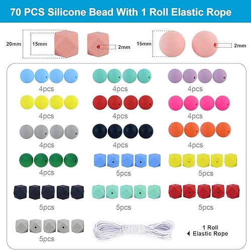 Miniatura 3 de Kit de fabricación de pulseras de cuentas de silicona, 70 cuentas hexagonales redondas de goma suave de 0.59 pulgadas para llaveros y pulseras,