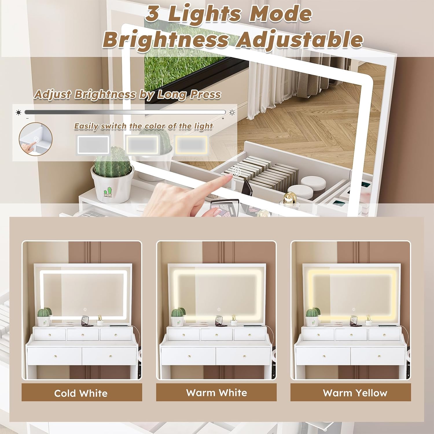 Wome Night Stand Vanity Combo with Chair: Makeup Vanity Desk with Lights and Outlet Vanity Table with Large 30x19 Inch LED Mirror 3 Color Lighting & 5 Smooth Drawers Includes Stool (White)