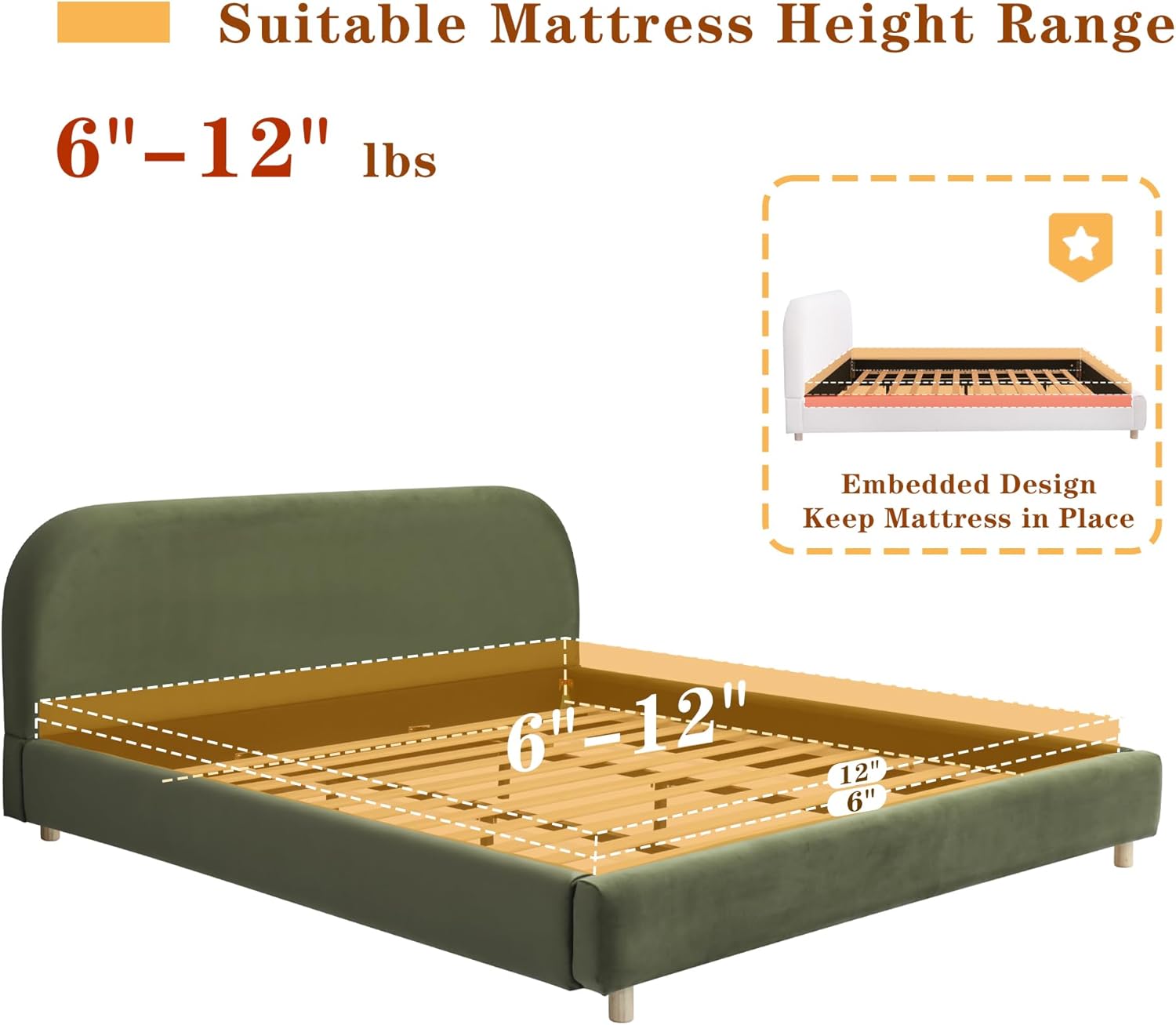 King Size Upholstered Bed Frame, Platform Beds with Curve Shaped Headboard, Soft Cloud Bedframe, Wood Slats Support/Solid Round Legs/No Box Spring Needed/Easy Assembly, Olive Green Velvet