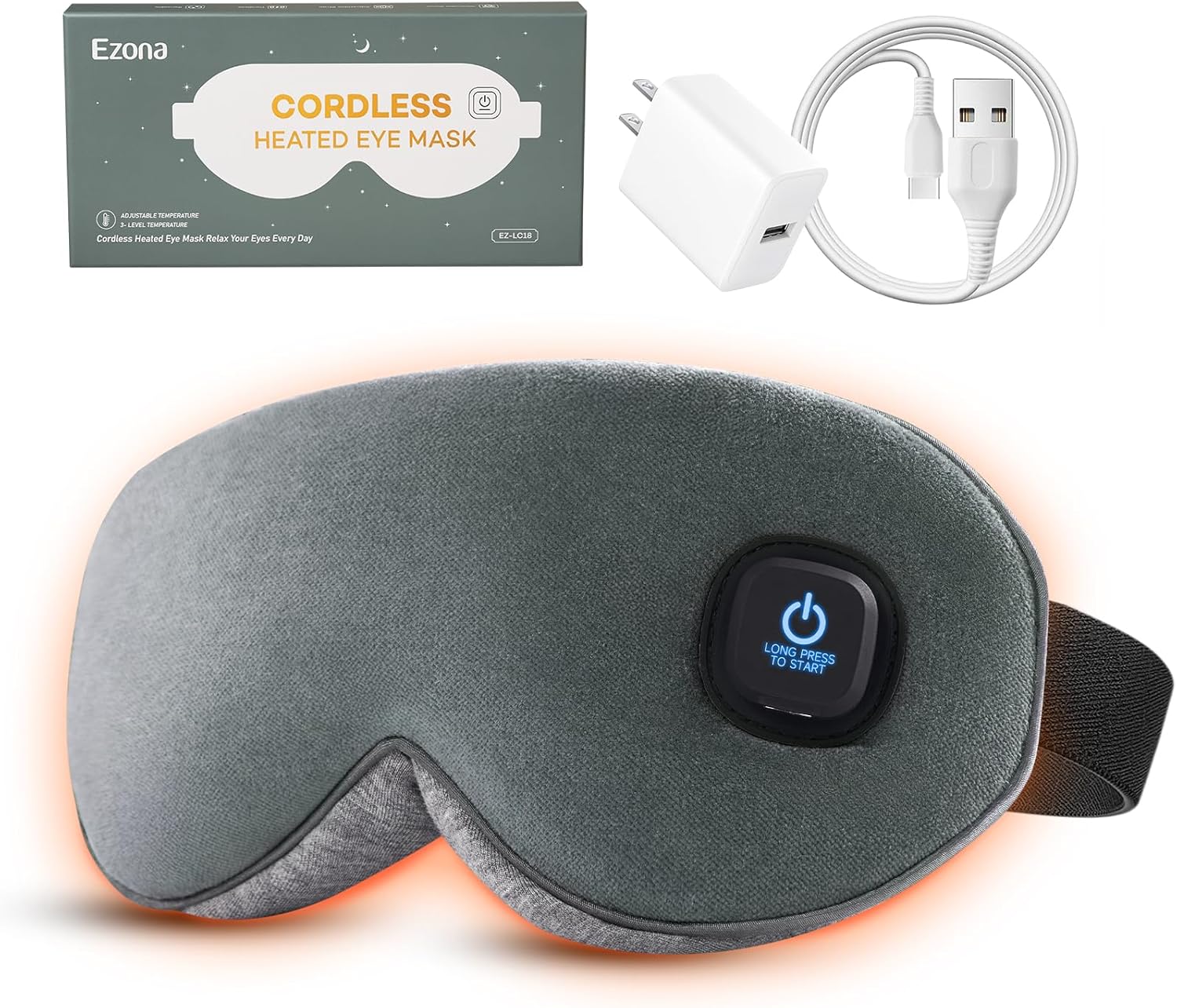 Ezona Cotton Cordless Heated Eye Mask, Warm Eye Compress Mask for Dry Eyes, Washable Eye Heating Pad for Travel, Dry Eyes, Blepharitis, Sinus Migraine (Gray)