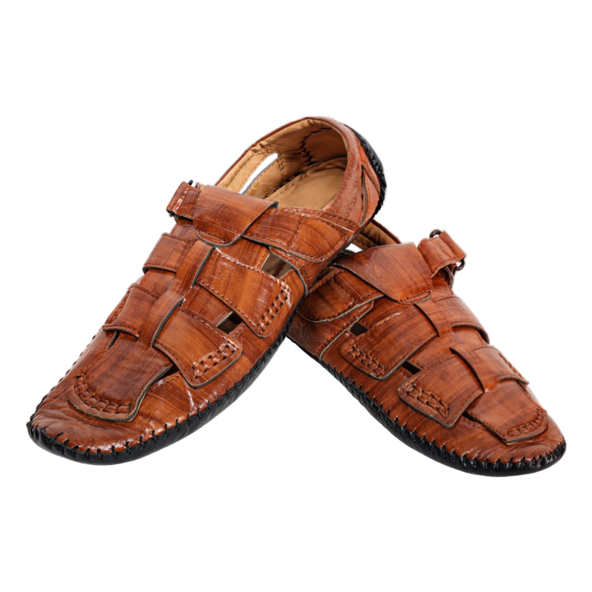 Men's Leather Closed Toe Sandals, Tan Brown, Velcro Strap, Casual Outdoor Footwear-image-25
