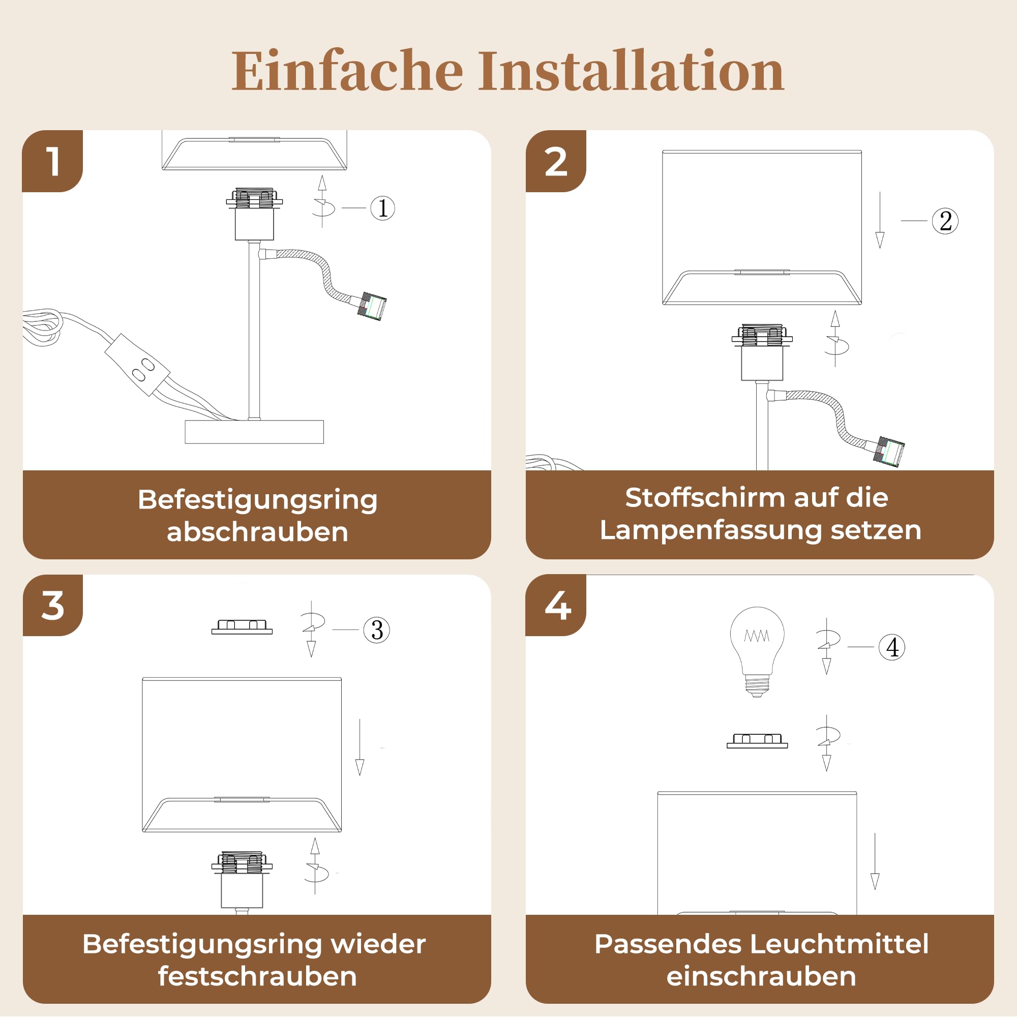 ZMH Lampada da tavolo con cavo, lampada da comodino a LED, E27, design moderno con paralume in tessuto, orientabile a 360°, interruttore separato, lampada da comodino in metallo, per camera da letto