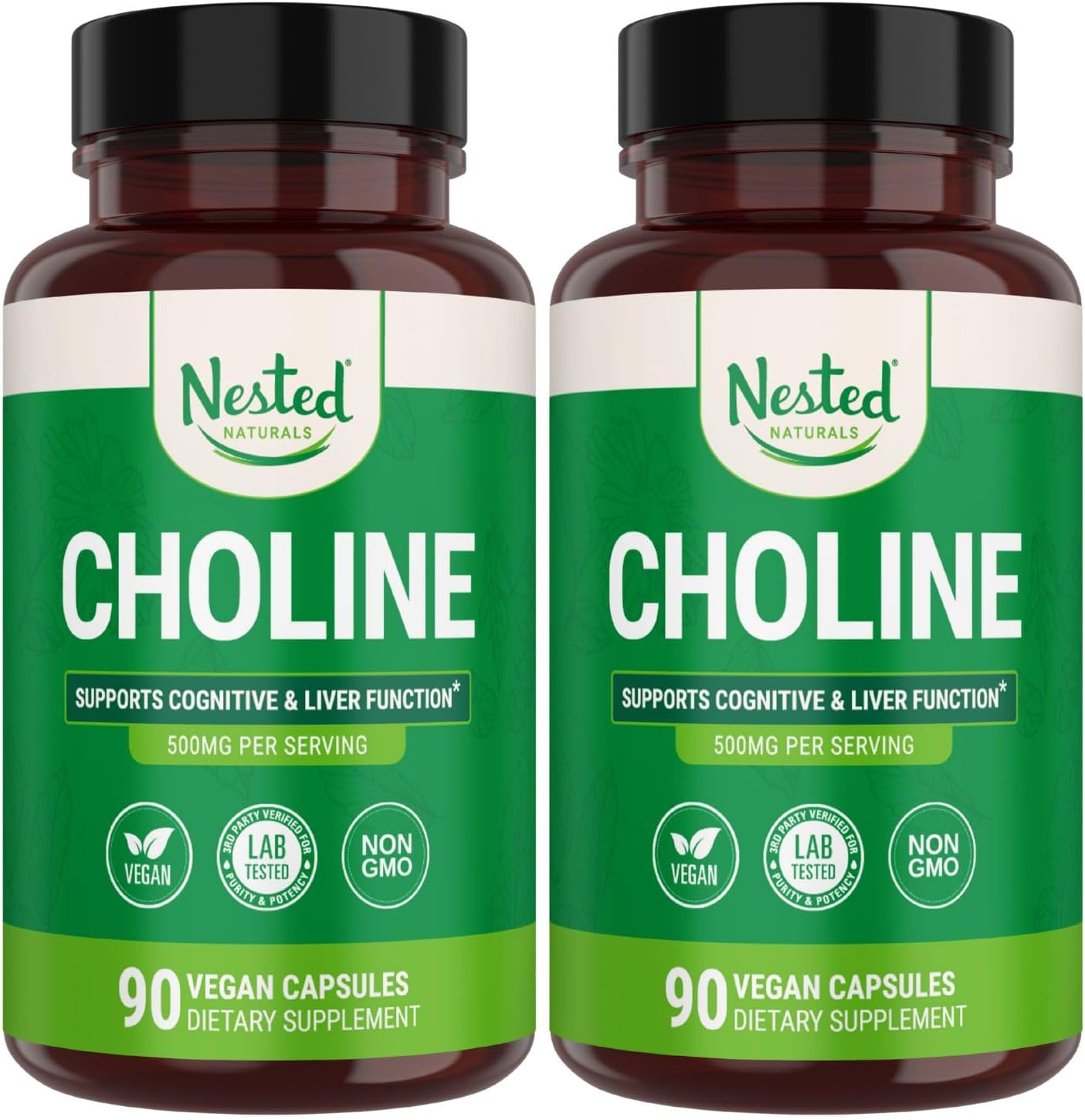 Nested Naturals Choline Bitartrate 500mg - High Potency Choline Supplements - Supports Maternal & Fetal Health During Pregnancy* - 100% Vegan & Non-GMO - 2-Pack (180 Vegan Capsules)