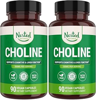 Nested Naturals Choline Bitartrate 500mg - High Potency Choline Supplements - Supports Maternal & Fetal Health During Pregnancy* - 100% Vegan & Non-GMO - 2-Pack (180 Vegan Capsules)