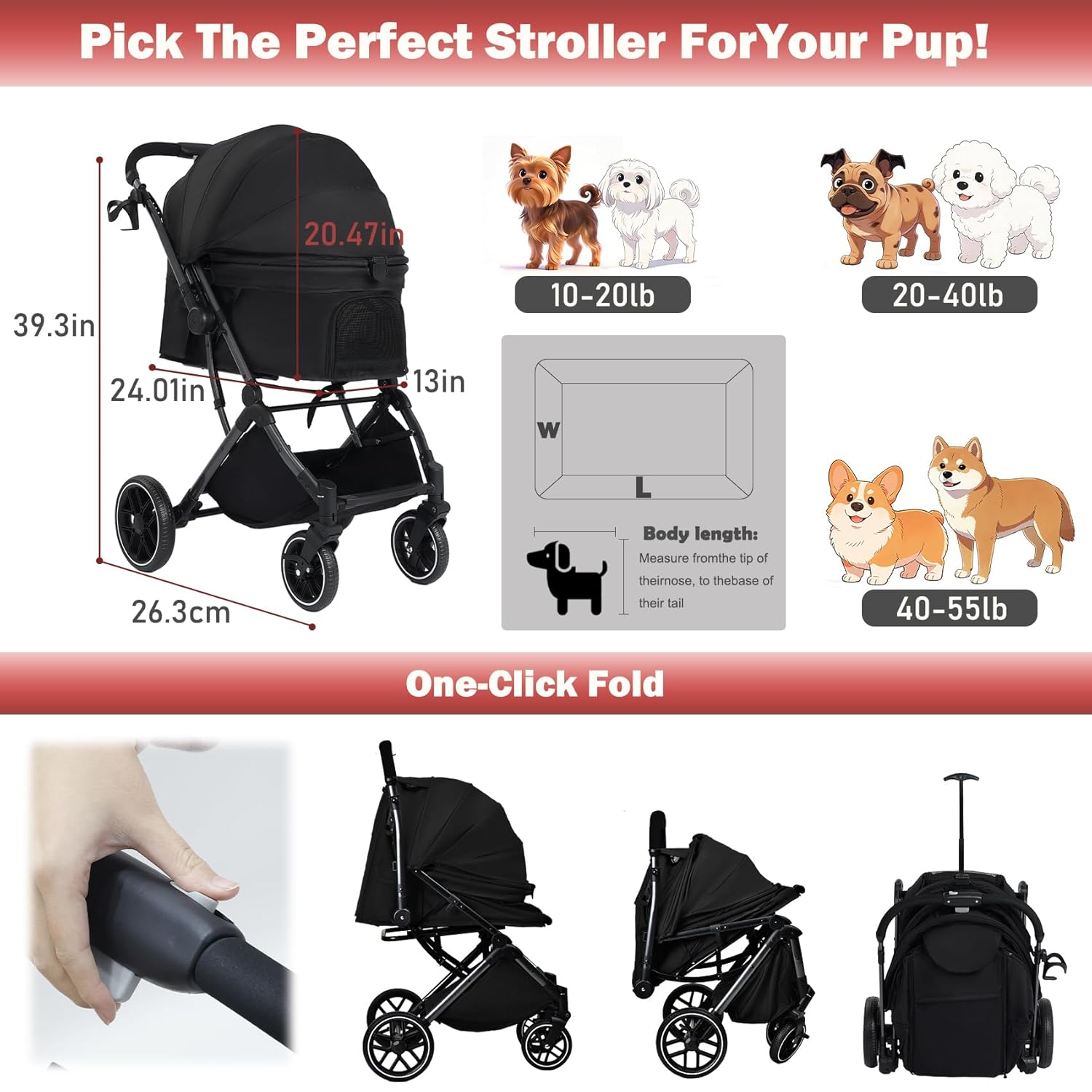 Small Dog Stroller, Pet Stroller for Small Dogs up to 55lbs- Fold All in One Without Detaching Carrier, Cat Stroller with Reversible Handle,Cup Holder (Black)