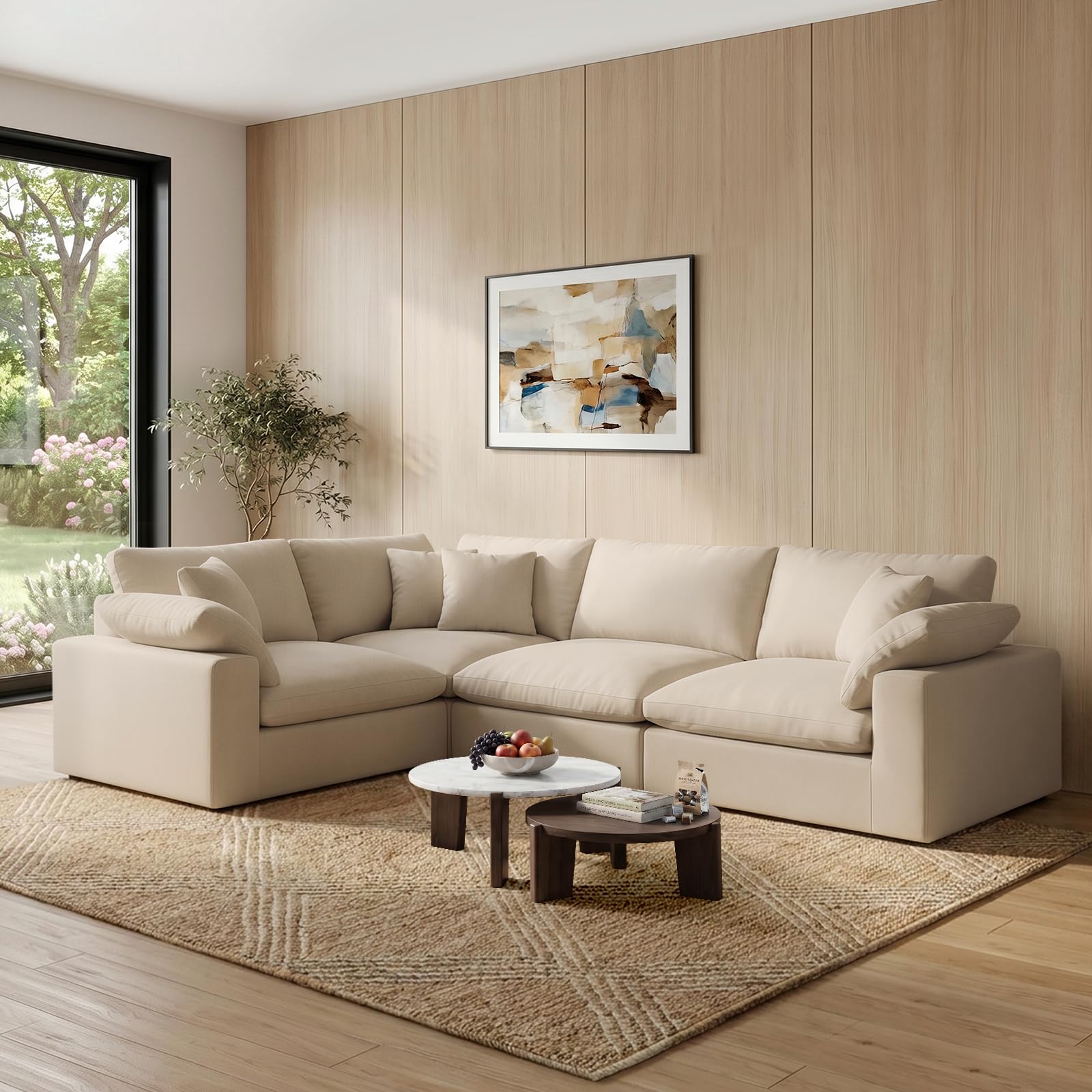 Modular Sectional Sofa,4 Seater Cloud Couch,Down Filled Comfy Cloud Modern Sofa,Khaki Linen Oversized Couch Cushion Covers Removable for Living Room