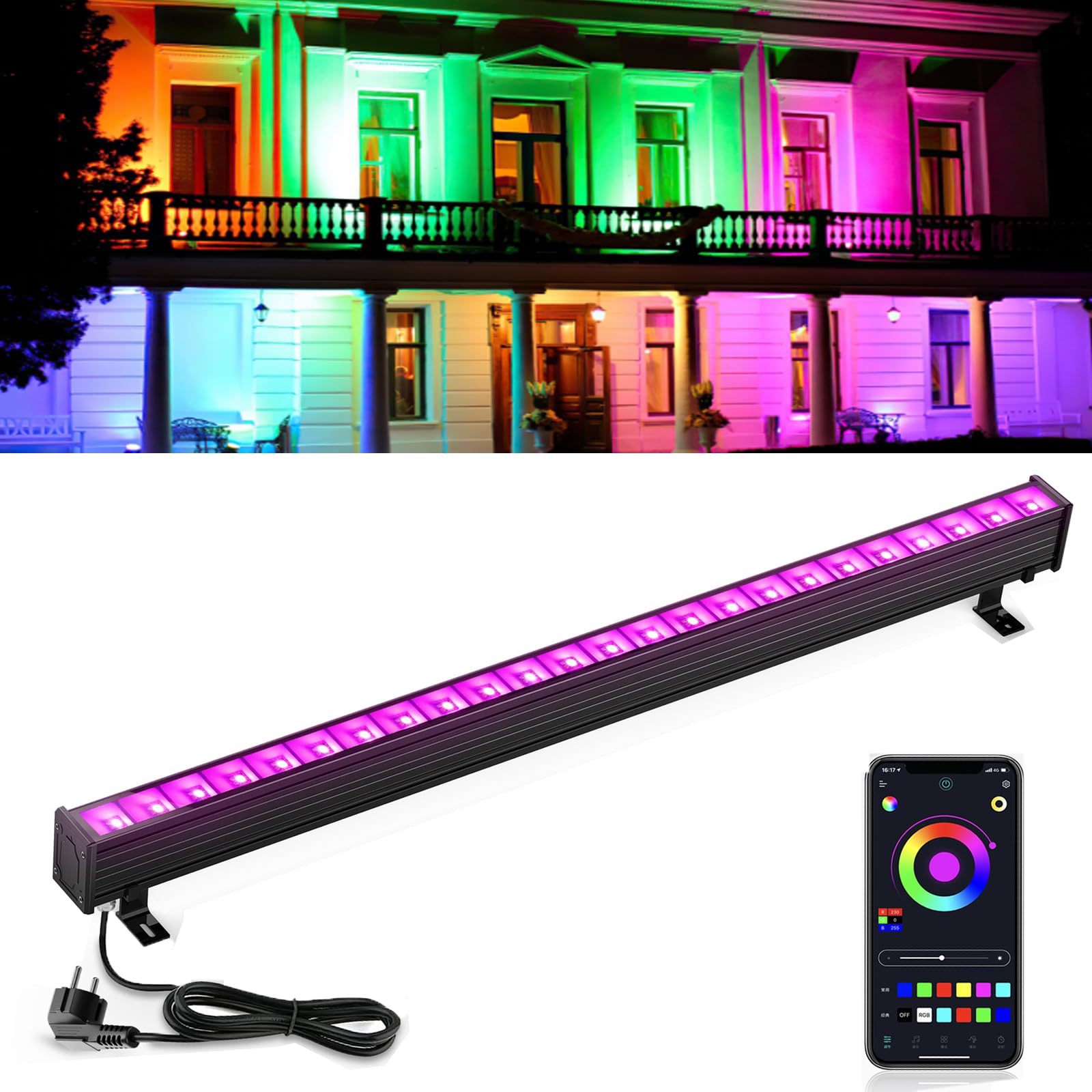 Faretto Portatile Che Cambia Colore, Striscia Luminosa Decorativa Parete da 20 W con Perle Lampada da 24 LED, 4 modalità Funzionamento/5 Colori/Angolo del Fascio: 60°, per L'illuminazione