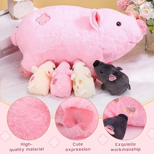 Miniatura 2 de Honoson Cerdo de peluche con bebés, juego de peluche suave para niños pequeños, mamá cerdo de peluche con 4 lechones magnéticos de peluche para