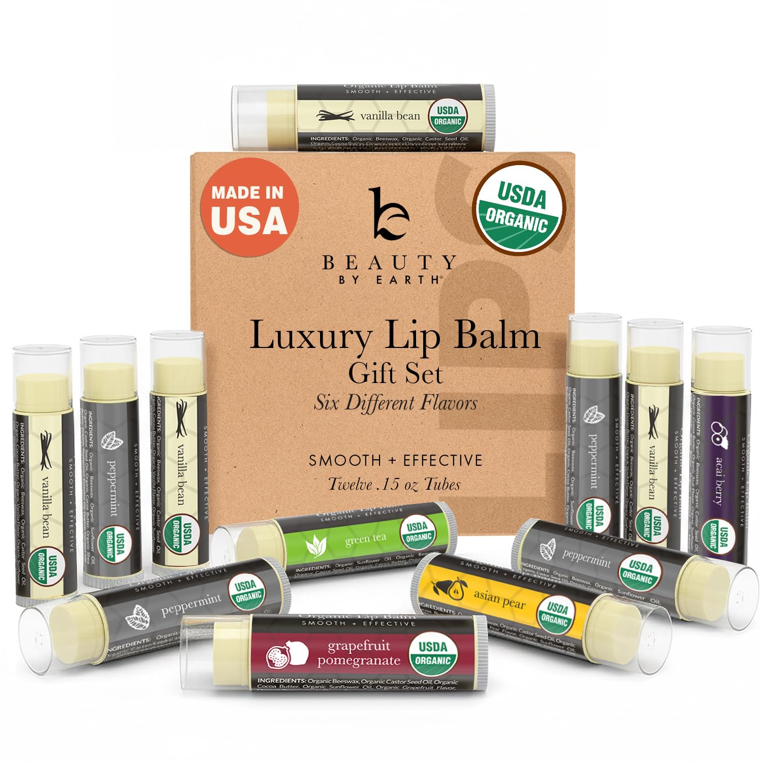 USDA Organic Lip Balm Set, 12 Pack of Natural Beeswax (Moisturizing Flavors - Peppermint, Green Tea, Acai Berry, Fruity Pear, Pomegranate, Vanilla, Honey)