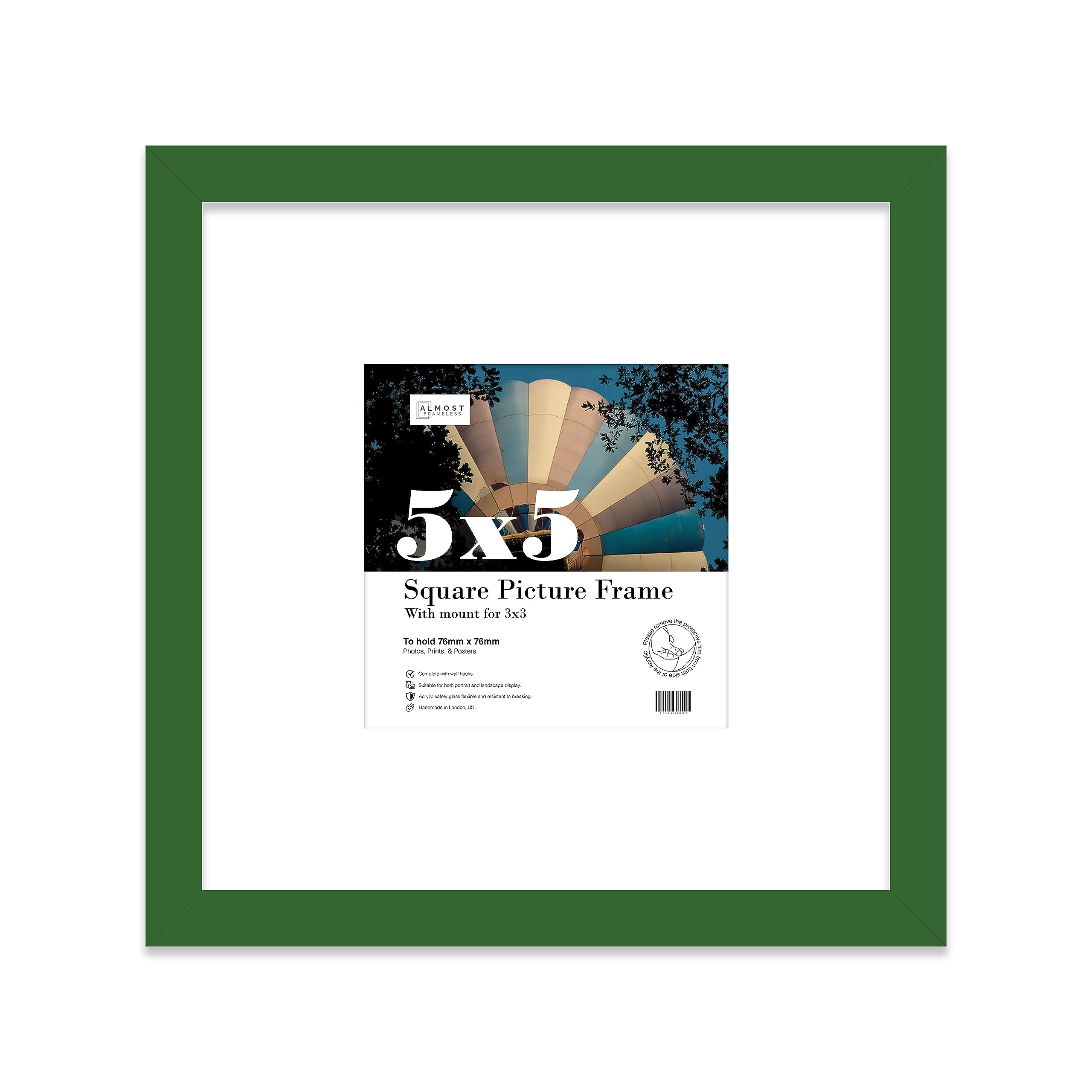 Almost Frameless 5x5 Picture Frame, Display Pictures 3X3 With Mat or 5x5 Without Mat, Wall Hanging & Free Standing Photo Frame, Green, 1 Pack