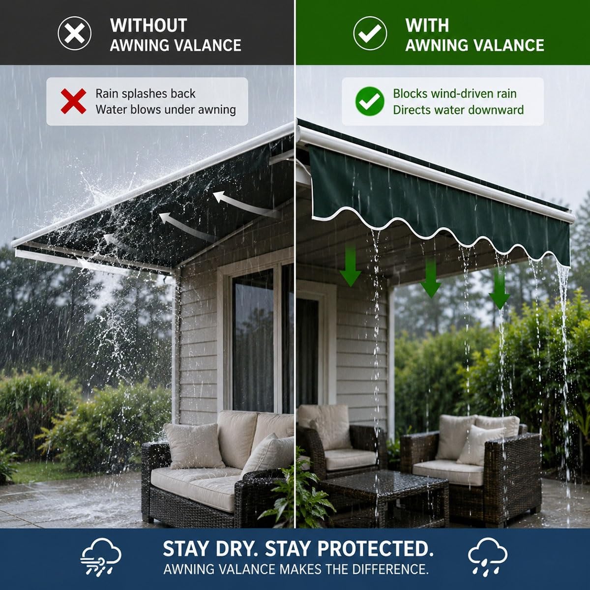 Mantovana di Ricambio per Tenda da Sole 320g Poliestere, Bordo Ondulato Impermeabile Anti UV con Banda di Montaggio, per Balcone Terrazza Giardino Camper, Solo Mantovana(Double green,B700cmxH30cm)