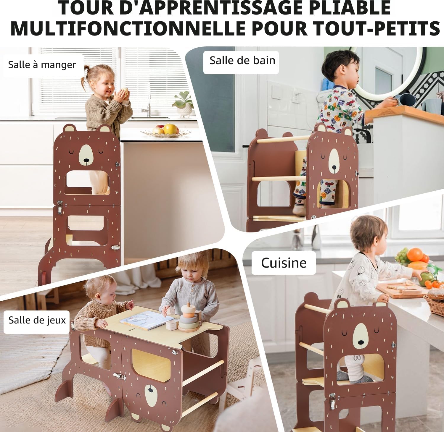 Labebe Tour d Observation Enfant, Grande Taille Tour d'observation Montessori 1-3 Ans,Tour Montessori multifonctionnelle 3 en 1 - l'ours Brun