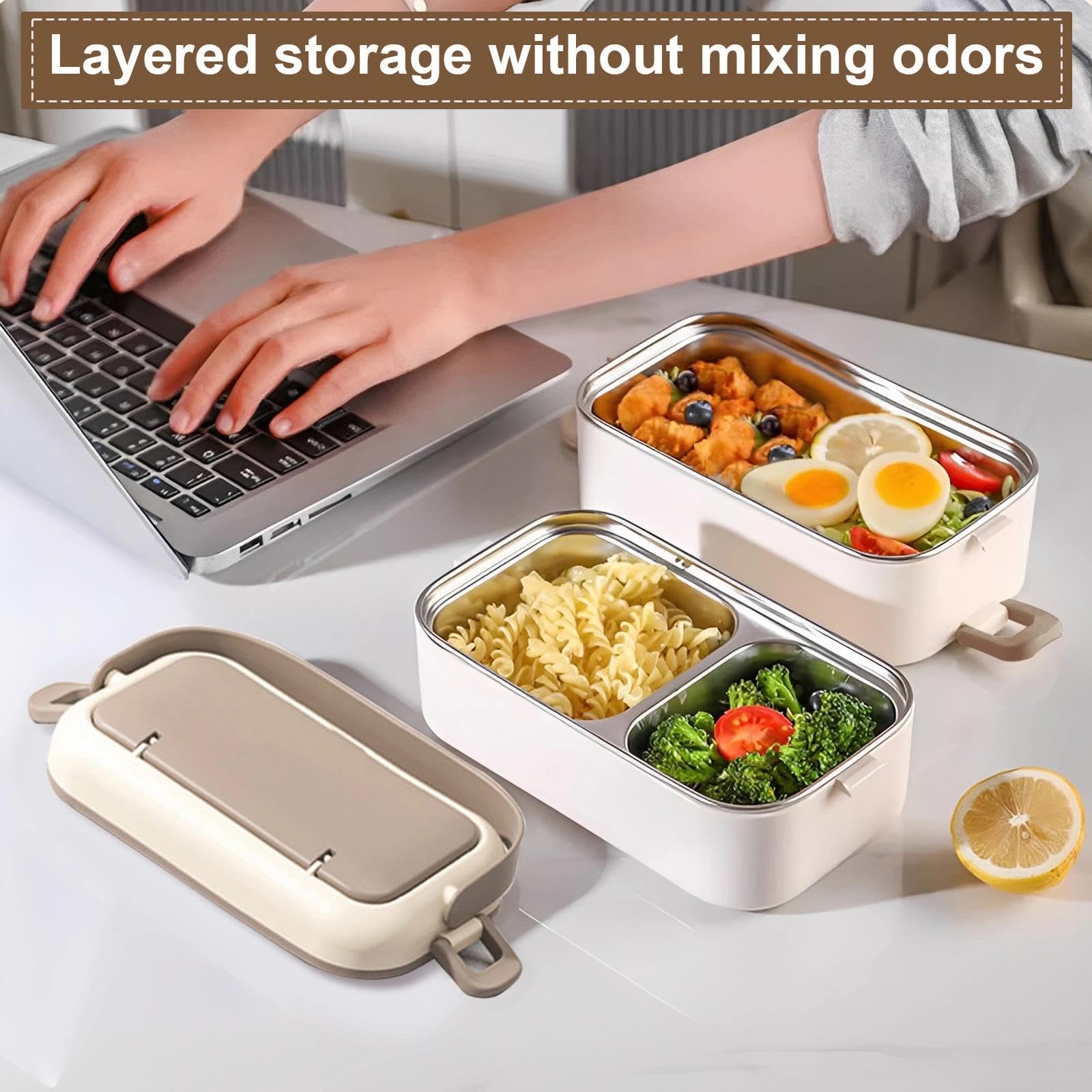 Porta Pranzo Lunch Box con Posate Portapranzo in Acciaio Inossidabile Schiscetta Pranzo Ermetico Bento Box Porta Pranzo per Picnic Scuola Uffici Adulto Bambini Portamerenda (Cachi)