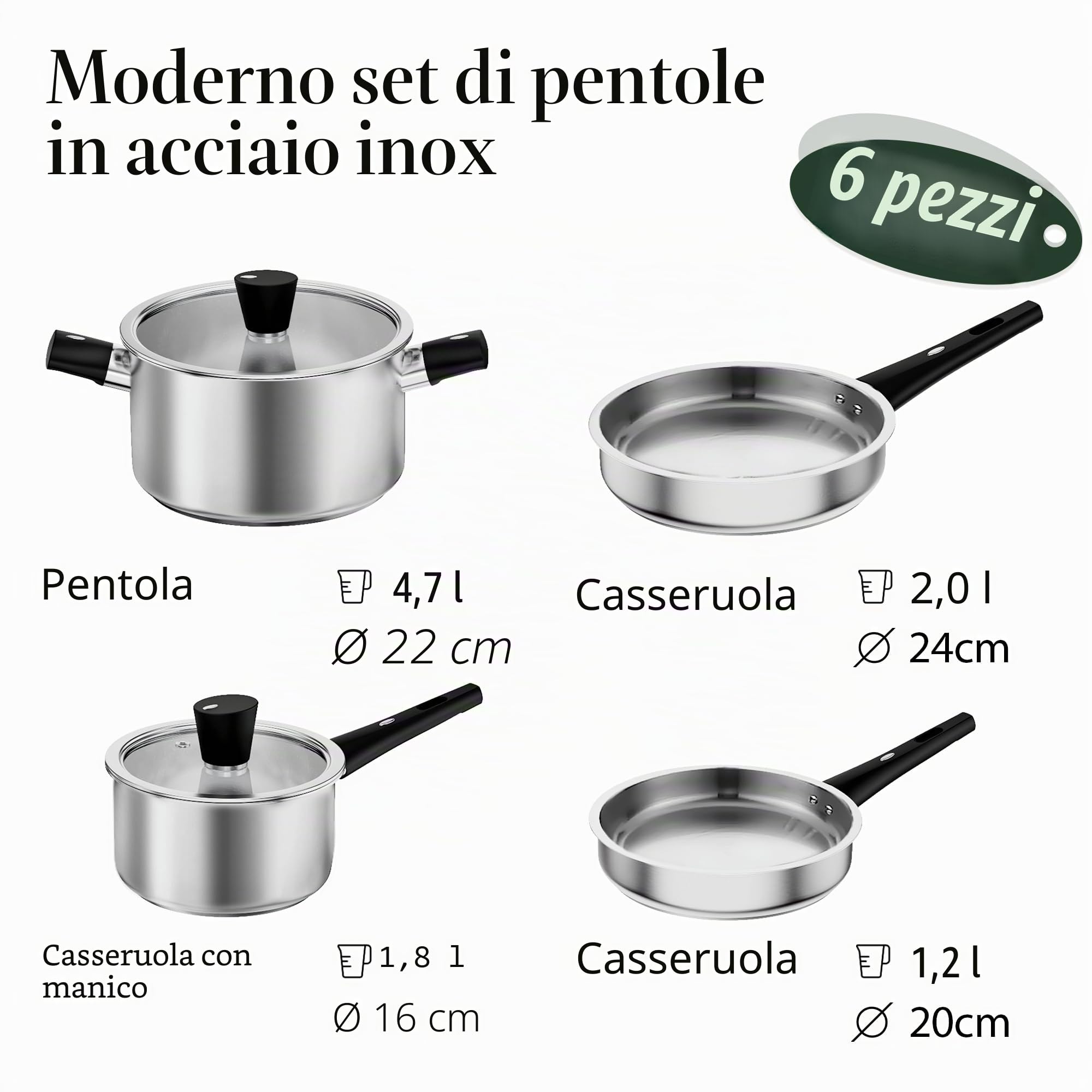 Set di 6 pentole in acciaio inox, set di pentole a induzione, con coperchio, versatile, per tutti i piani cottura, lavabili in lavastoviglie, non rivestite, per una cottura sana
